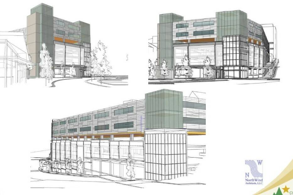 Screenshot / City and Borough of Juneau 
Concept drawings of a potential new City Hall building for the City and Borough of Juneau show what a new building atop the downtown transit center parking garage might look like. The city is considering several options for a new City Hall, and on Wednesday will take public testimony on proposals.