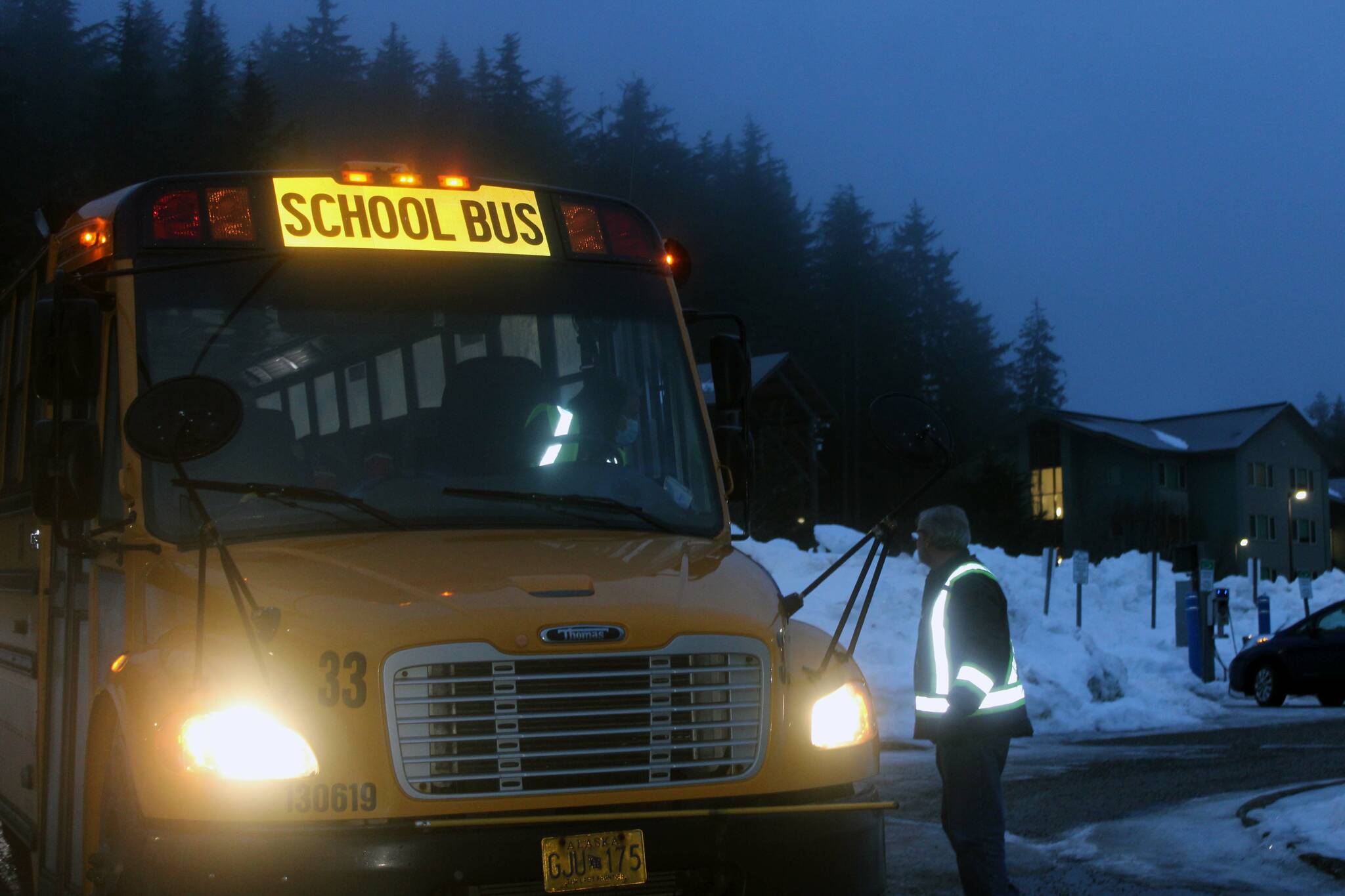 A bus full of students from Riverbend Elementary School arrives for the first day of classes at the school’s temporary location at Chapel by the Lake in Auke Bay on Jan. 24. (Dana Zigmund/Juneau Empire)
