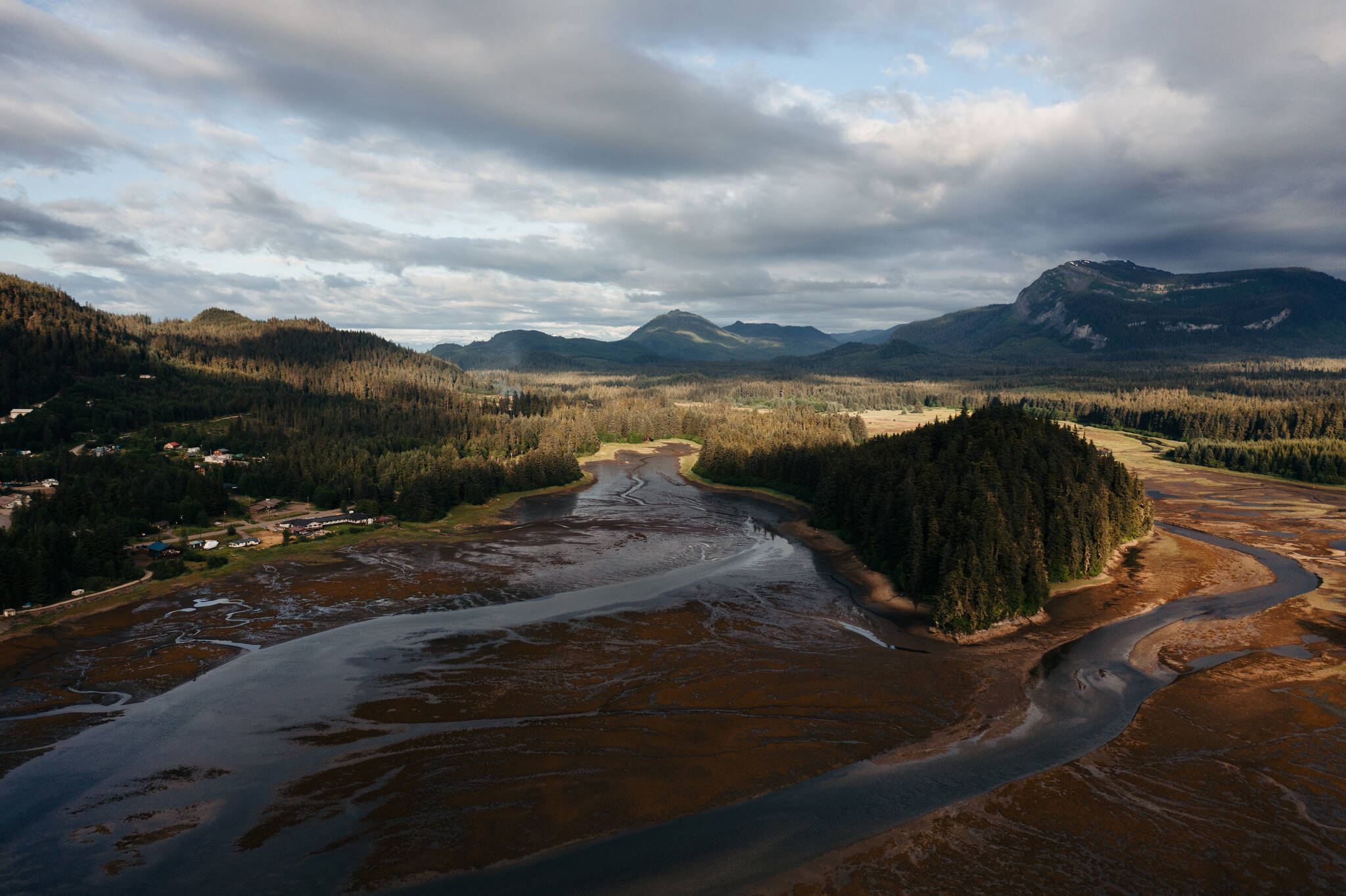 The community of Hoonah from above. Southeast Alaskans find strength and peace in the natural world that surrounds each remote community. (Courtesy Photo /Kerry Tasker for Visit Southeast)