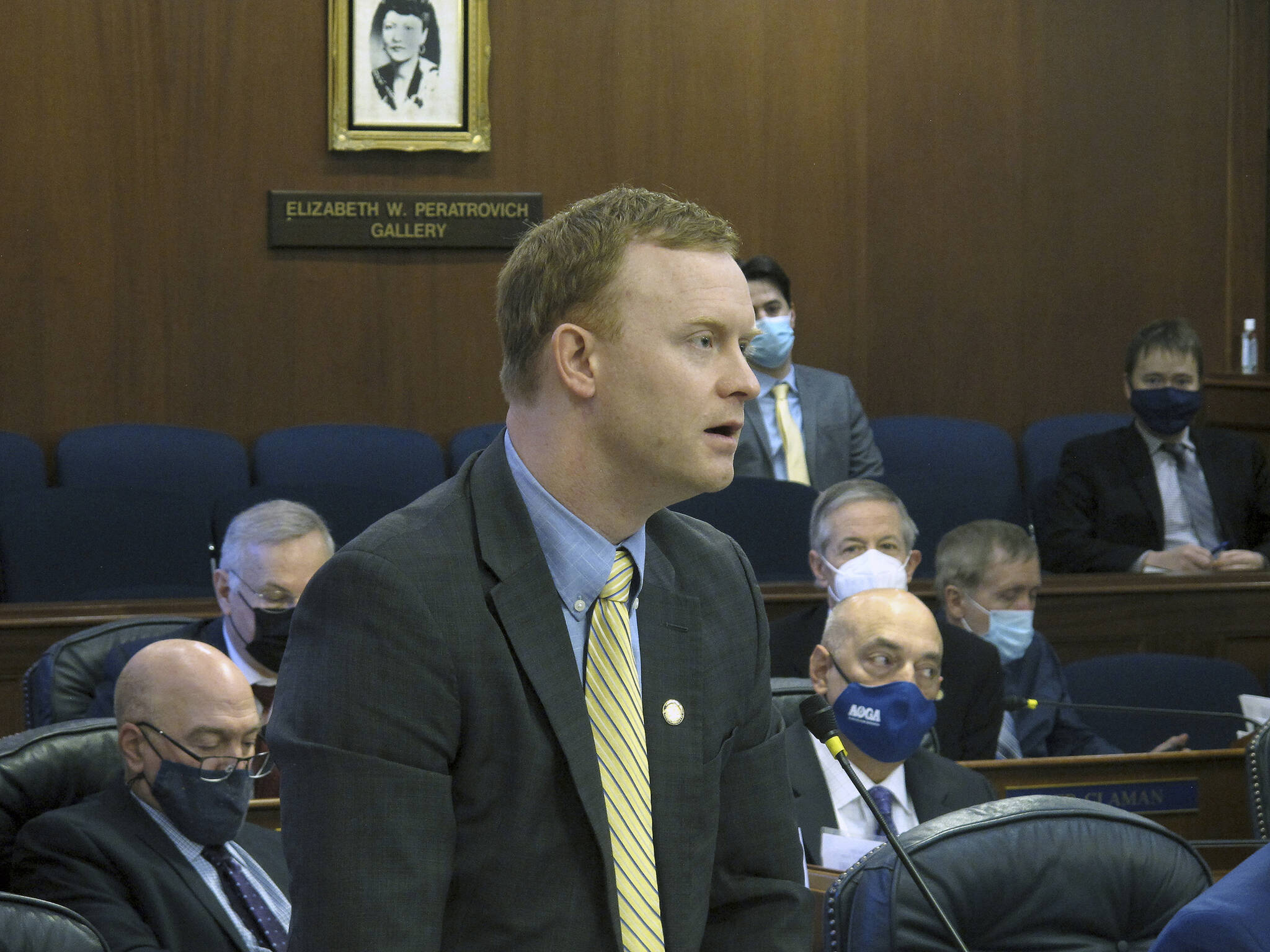 Alaska Republican state Rep. David Eastman speaks on the floor of the Alaska House on Monday, Jan. 31, 2022, in Juneau, Alaska. The Alaska House tabled action Monday on a proposal to remove from legislative committees Eastman, who has said he joined the Oath Keepers far-right organization years ago. The House Committee on Committees voted 5-2 to remove Republican Rep. Eastman of Wasilla from his committee assignments, said Joe Plesha, communications director for the House’s bipartisan majority. (AP Photo / Becky Bohrer)