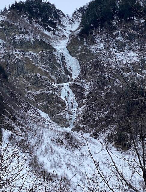 The steep craggy look of a Mt. Juneau avalanche chute seen from Basin Road on Feb. 2. (Courtesy Photo / Denise Carroll)