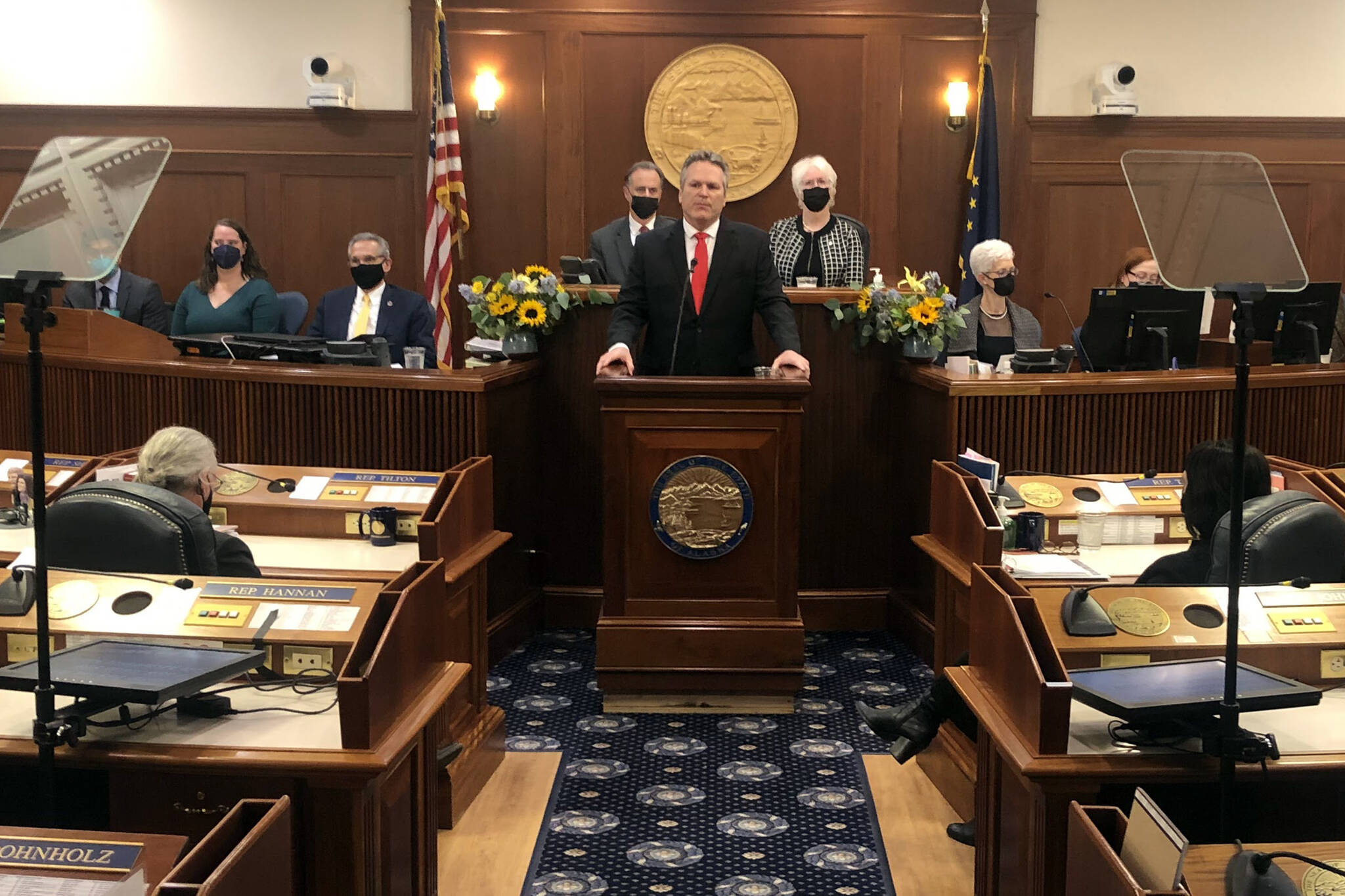 Gov. Mike Dunleavy delivers his State of the State address before a joint session of the Alaska State Legislature. (Peter Segall / Juneau Empire File)