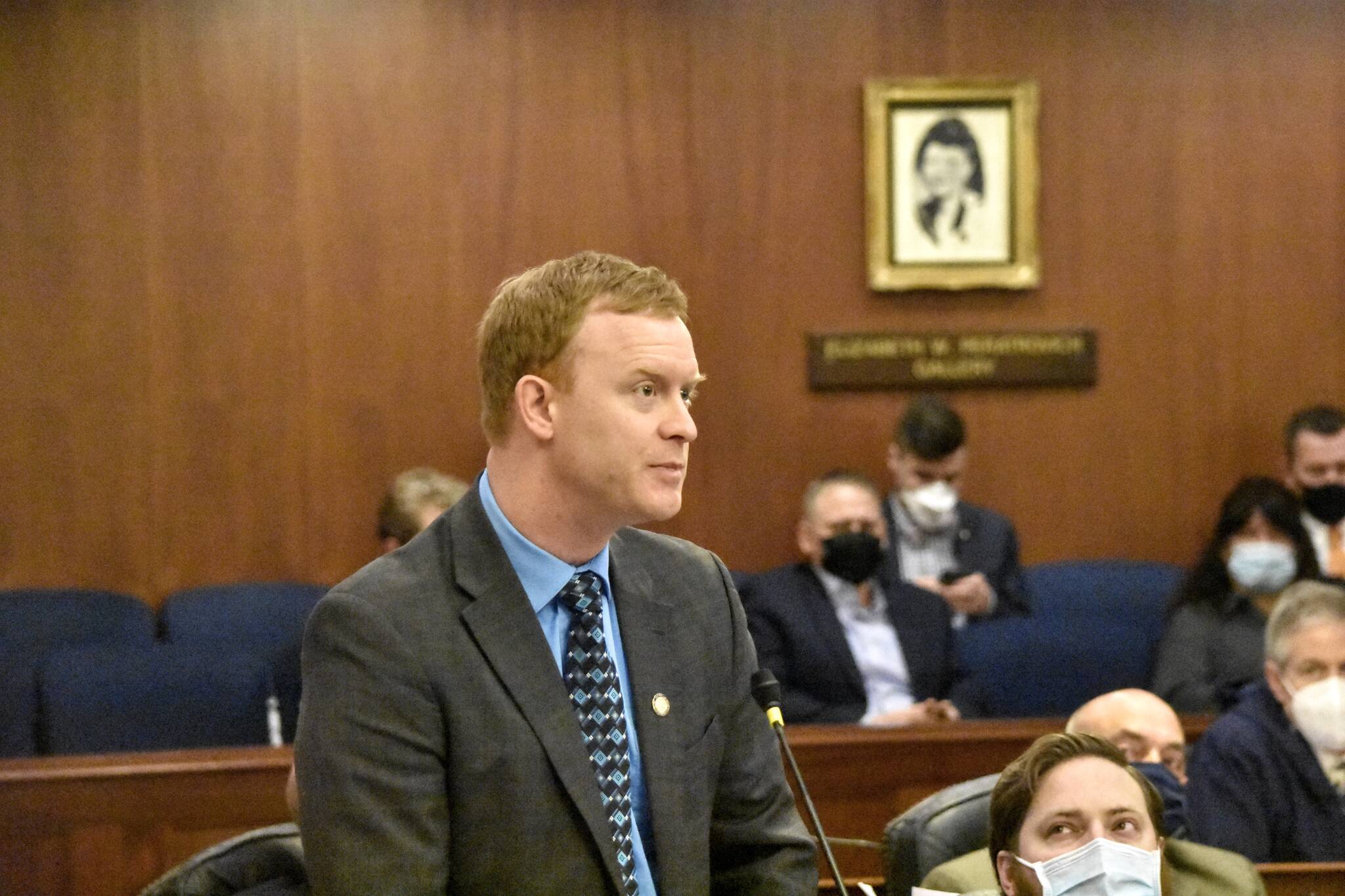 Rep. David Eastman, R-Wasilla, speaks on the floor of the House of Representatives on Friday, Feb. 3, 2022. Eastman has come under scrutiny for his membership in the Oath Keepers, a right-wing paramilitary group whose leaders have been charged with sedition for their role in the Jan. 6, riot at the U.S. Capitol. A House committee will meet next week to investigate the Oath Keepers. (Peter Segall / Juneau Empire)