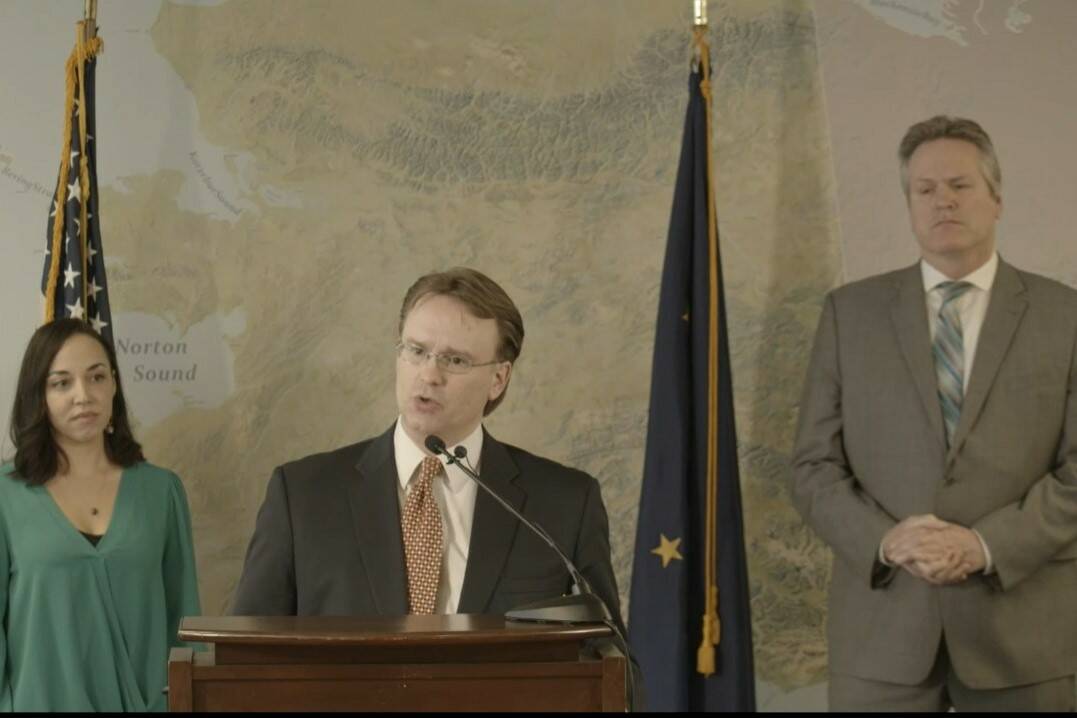 Deputy Attorney General John Skidmore speaks at a press conference in Anchorage on Friday, Feb. 11, 2022, to announce three bills introduced by Gov. Mike Dunleavy meant to address sex and human trafficking in the state. (Screenshot)