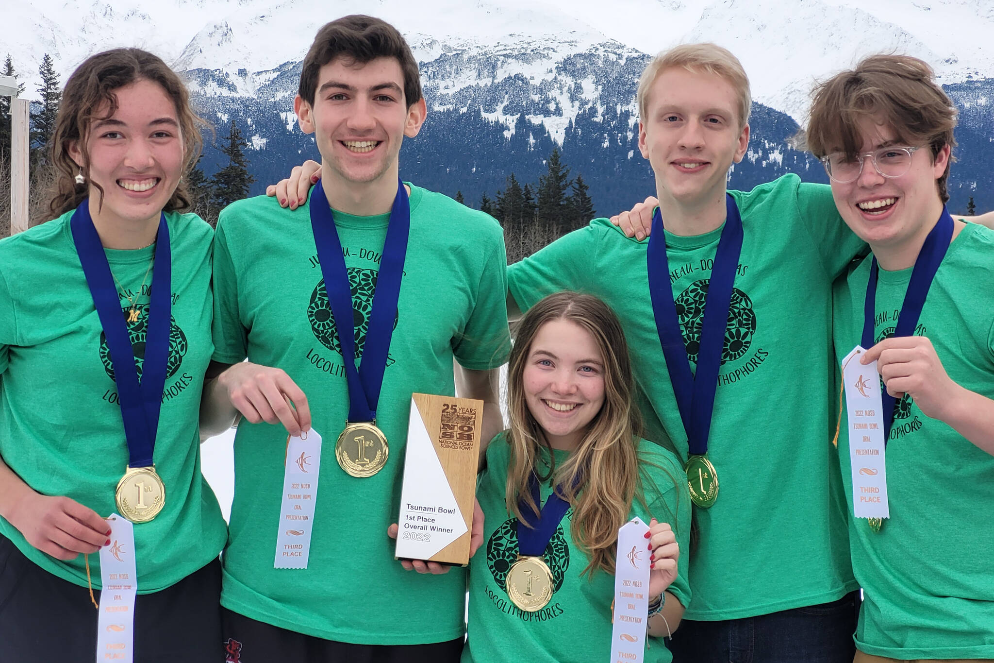 From the left, Addy Mallott, Tias Carney, Elin Antaya, Adrian Whitney and Jack Schwarting, who make up Juneau-Douglas High School: Yadaa.at Kalé’s National Ocean Sciences Bowl, the Locolithophores, won the Tsunami Bowl, Alaska’s regional NOSB competition, held this year in Seward, in order to advance to the national finals in May. (Courtesy photo / Debbie Lowenthal)