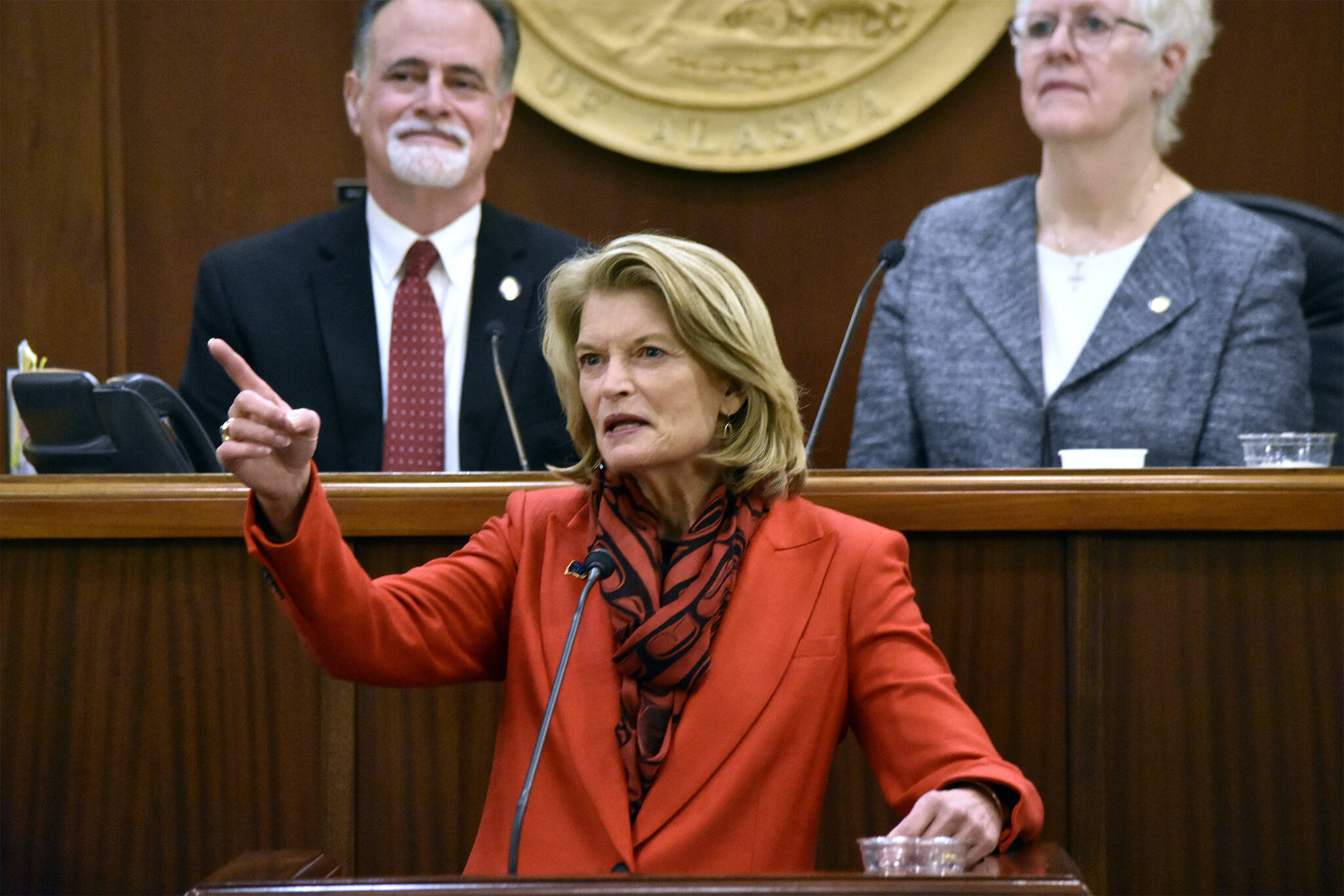 Peter Segall / Juneau Empire 
U.S. Sen. Lisa Murkowski, R-Alaska, gave her annual address to the Alaska State Legislature Tuesday, Feb. 22, 2022, at the Capitol building in Juneau. Murkowski’s speech emphasized bipartisanship and making Alaska ready for the opportunities brought by the recent infrastructure package.