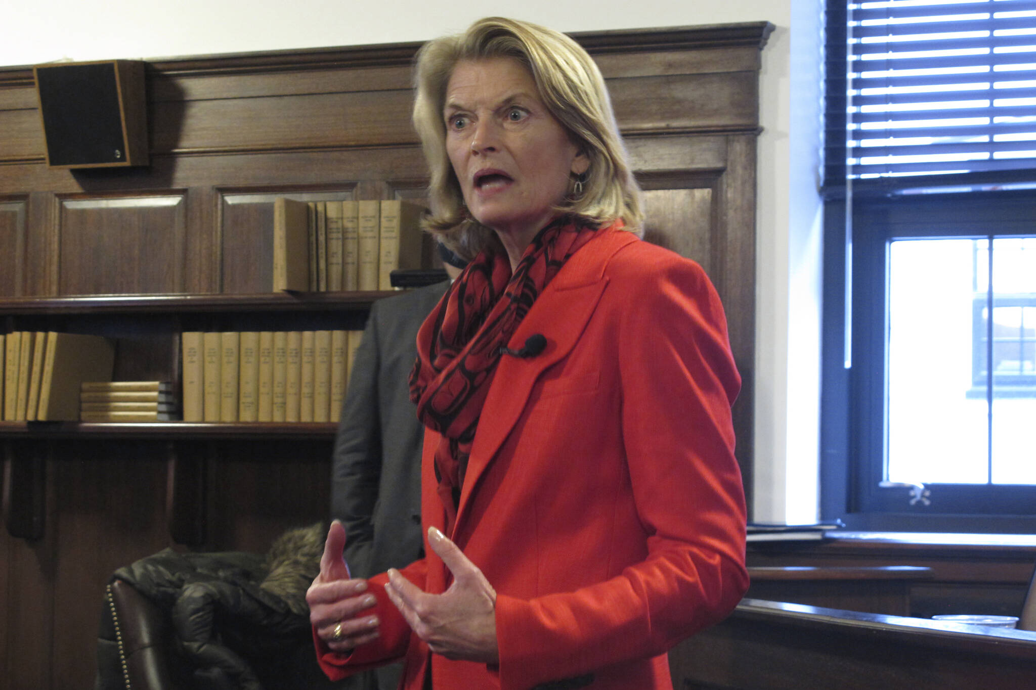 Sen. Lisa Murkowski, R-Alaska, speaks to reporters in the state Capitol on Tuesday. Murkowski spoke to reporters after giving a speech to a joint session of the Legislature. (AP Photo / Becky Bohrer)