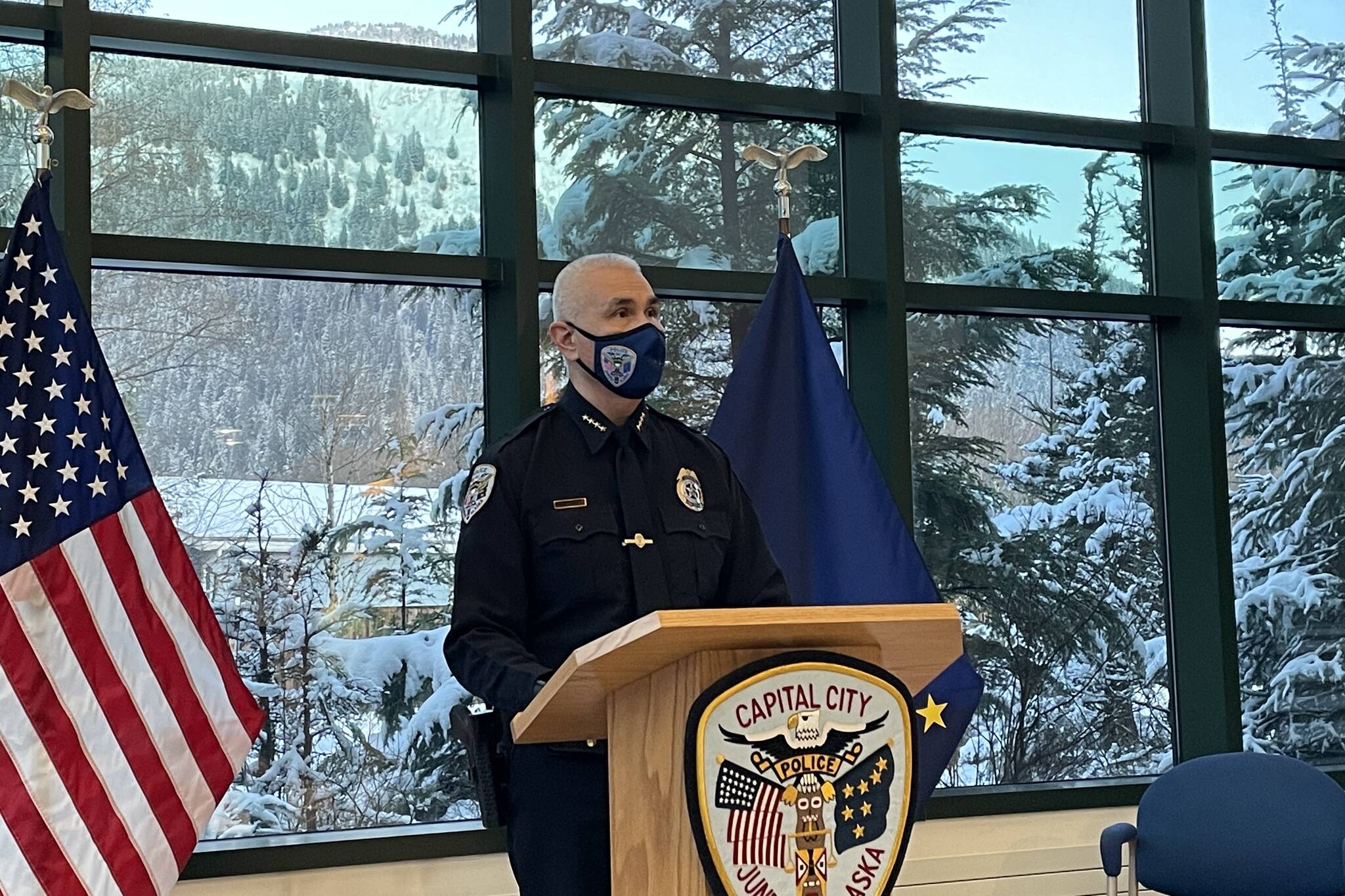 Juneau Police Chief Ed Mercer speaks during a news conference on Feb. 23, 2022 about an officer-involved shooting the previous day. (Michael S. Lockett / Juneau Empire)