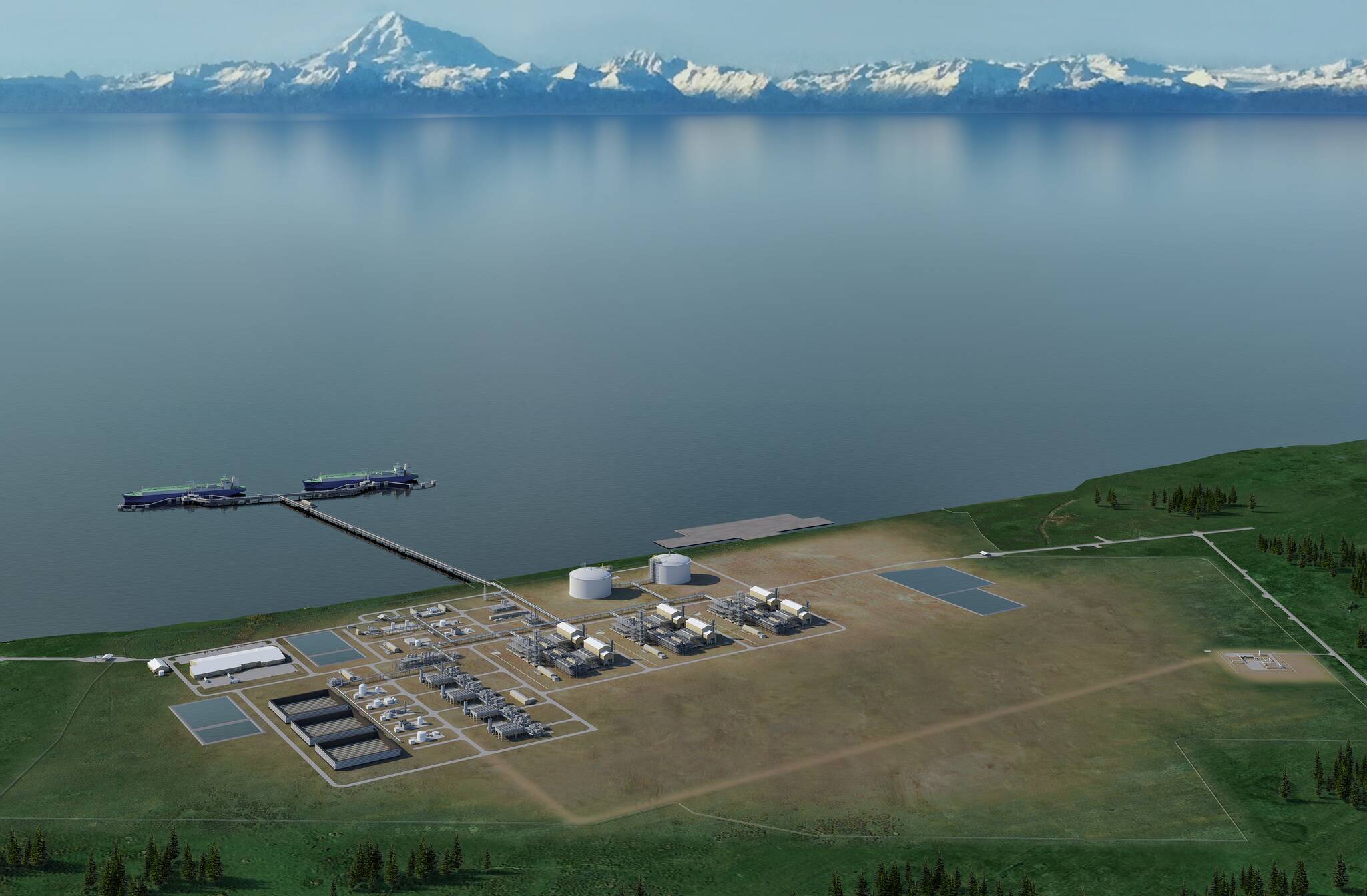 This image shows a rendering on a proposed LNG terminal. (Courtesy Image)