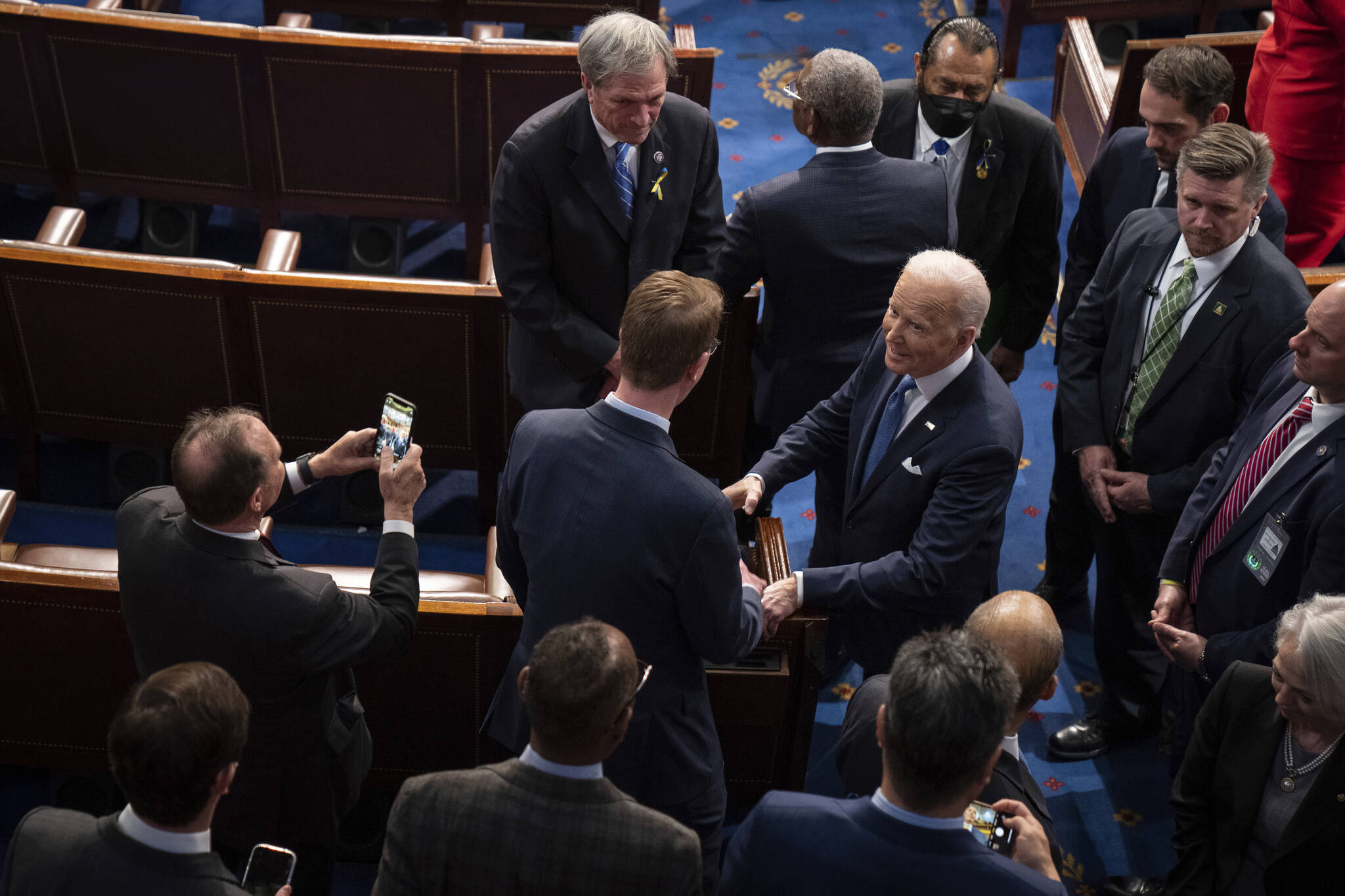 President Joe Biden greets people after his first State of the Union address to a joint session of Congress at the Capitol, Tuesday, March 1, 2022, in Washington. (Sarahbeth Maney/The New York Times via AP, Pool)