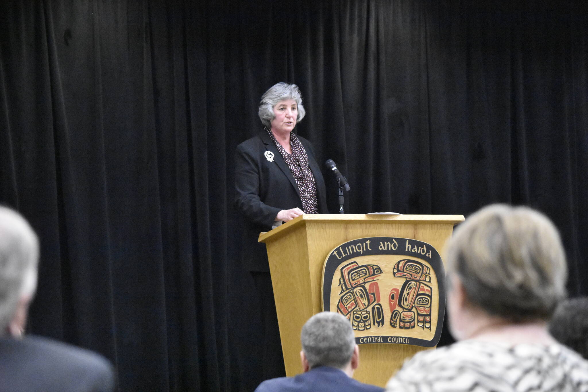 University of Alaska President Pat Pitney spoke to the Juneau Chamber of Commerce Luncheon at Elizabeth Peratrovich Hall on Thursday, March 3, 2022, emphasizing the system’s importance to the state’s workforce. (Peter Segall / Juneau Empire)