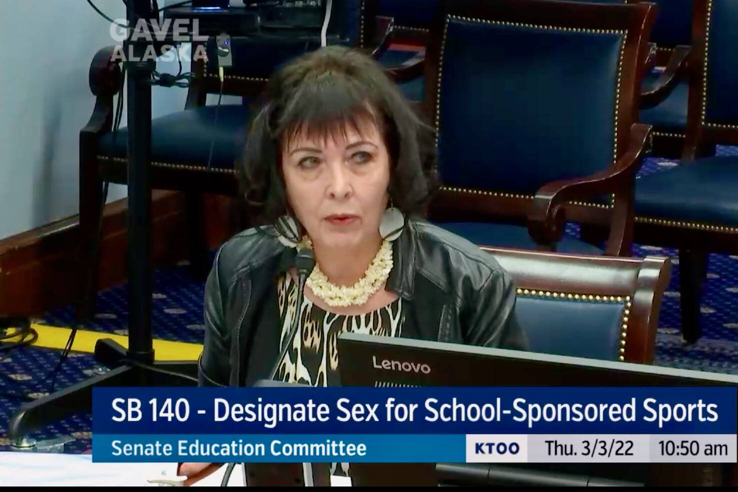 Sen. Shelley Hughes, R-Palmer, spoke to the Senate Education Committee on Thursday, March 3, 2022, regarding a bill that would prevent transgender athletes from competing as the sex they identify with. (Screenshot)