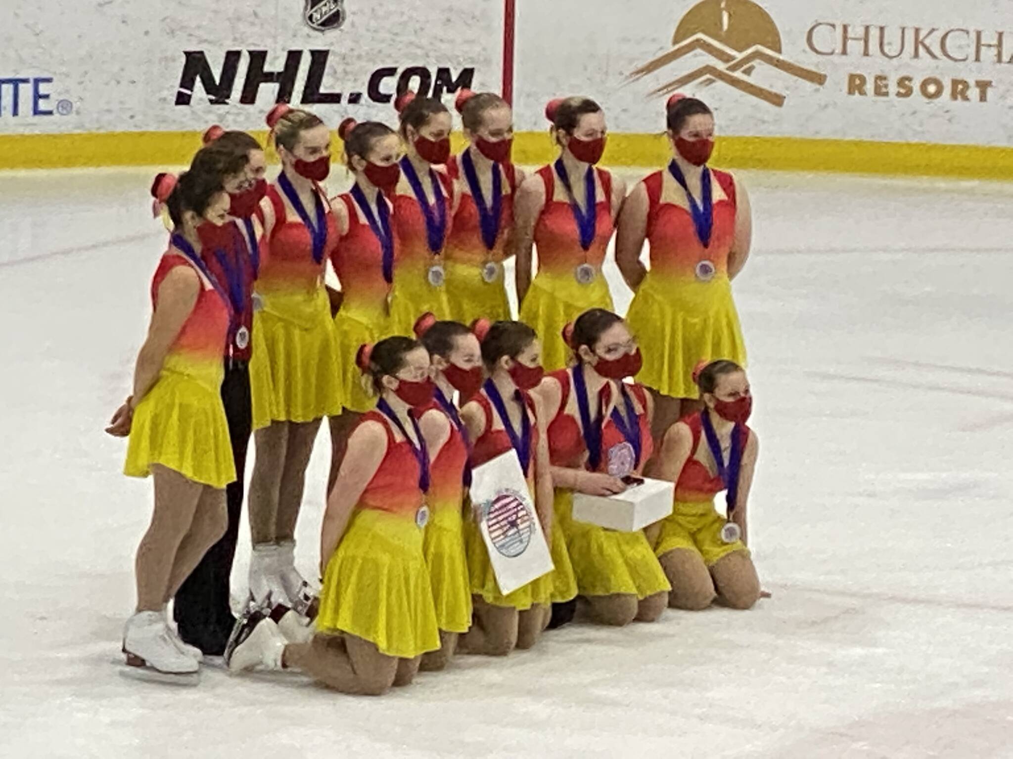 Team Forget-Me-Not poses with the 2nd place trophy for the Ice Sports Industry 2022 Winter Classic in San Jose, California. (Courtesy photo / Juneau Skating Club)