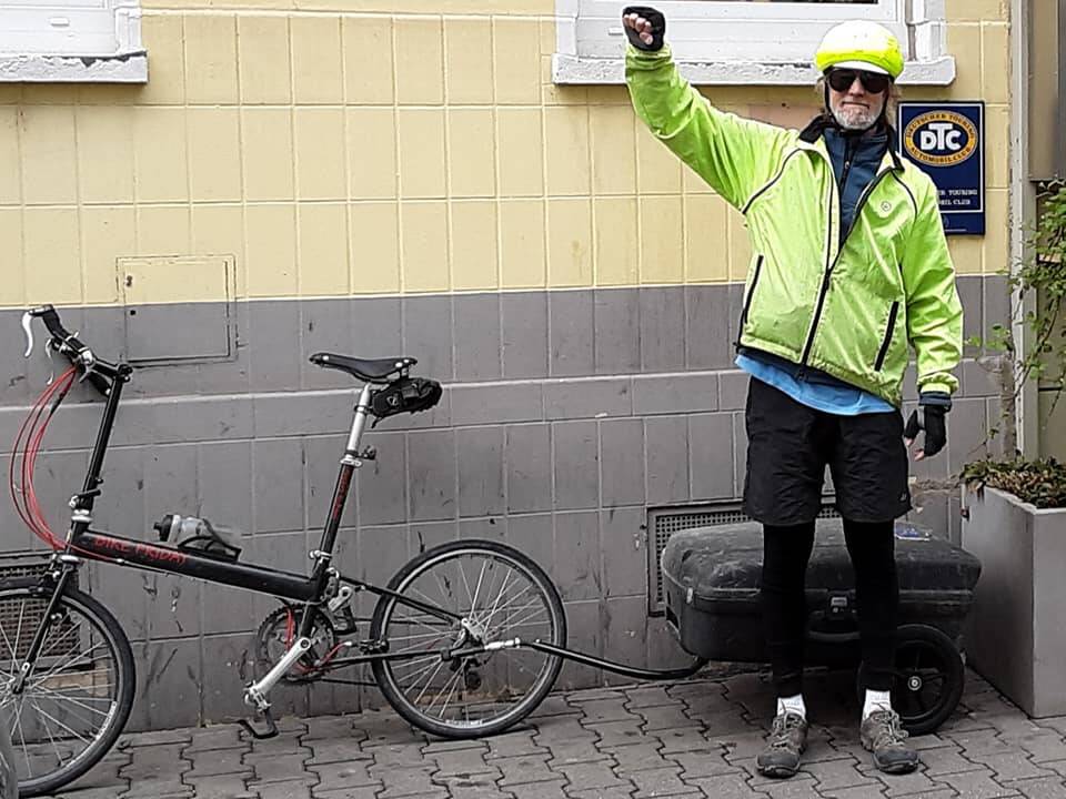 Dave Covey with his bike trailer in Mannheim, Germany, during a tour in 2019. (Courtesy Photo / Covey family)