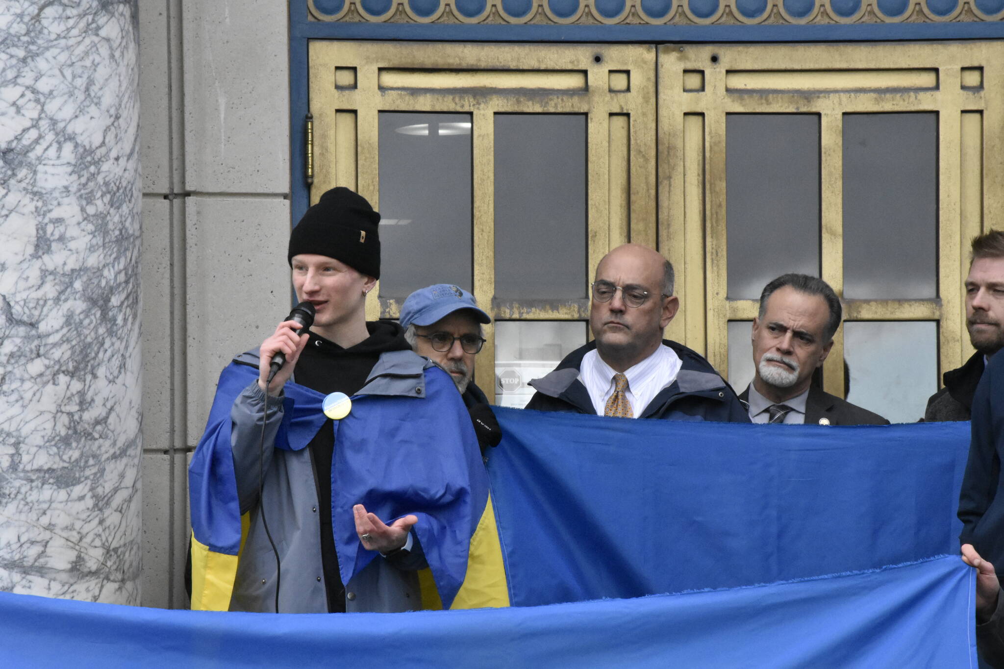 Peter Segall / Juneau Empire
Viktor Tkachenko, who recently moved to Alaska from Ukraine, speaks during a rally encouraging the state to divest itself from all Russian investment on March 4, 2022.