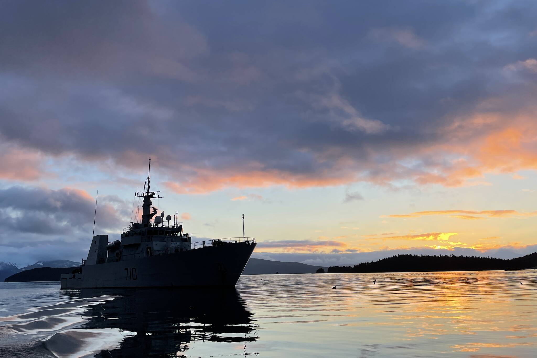 Her Majesty’s Canadian Ship Brandon sits off Auke Bay after offloading passengers on March 6, 2022 as part of exercise Arctic Edge 2022. (Michael S. Lockett / Juneau Empire)