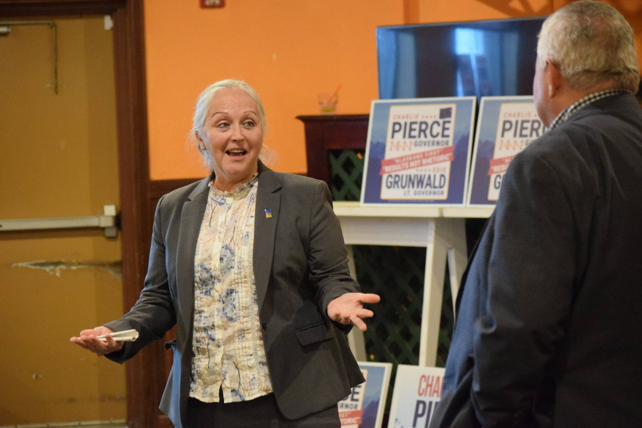 Alaska Gubernatorial candidate Charlie Pierce selects Edie Grunwald to be his running mate at a campaign event at Paradisos restaurant in Kenai on Saturday, March 5, 2022. (Camille Botello/Peninsula Clarion)