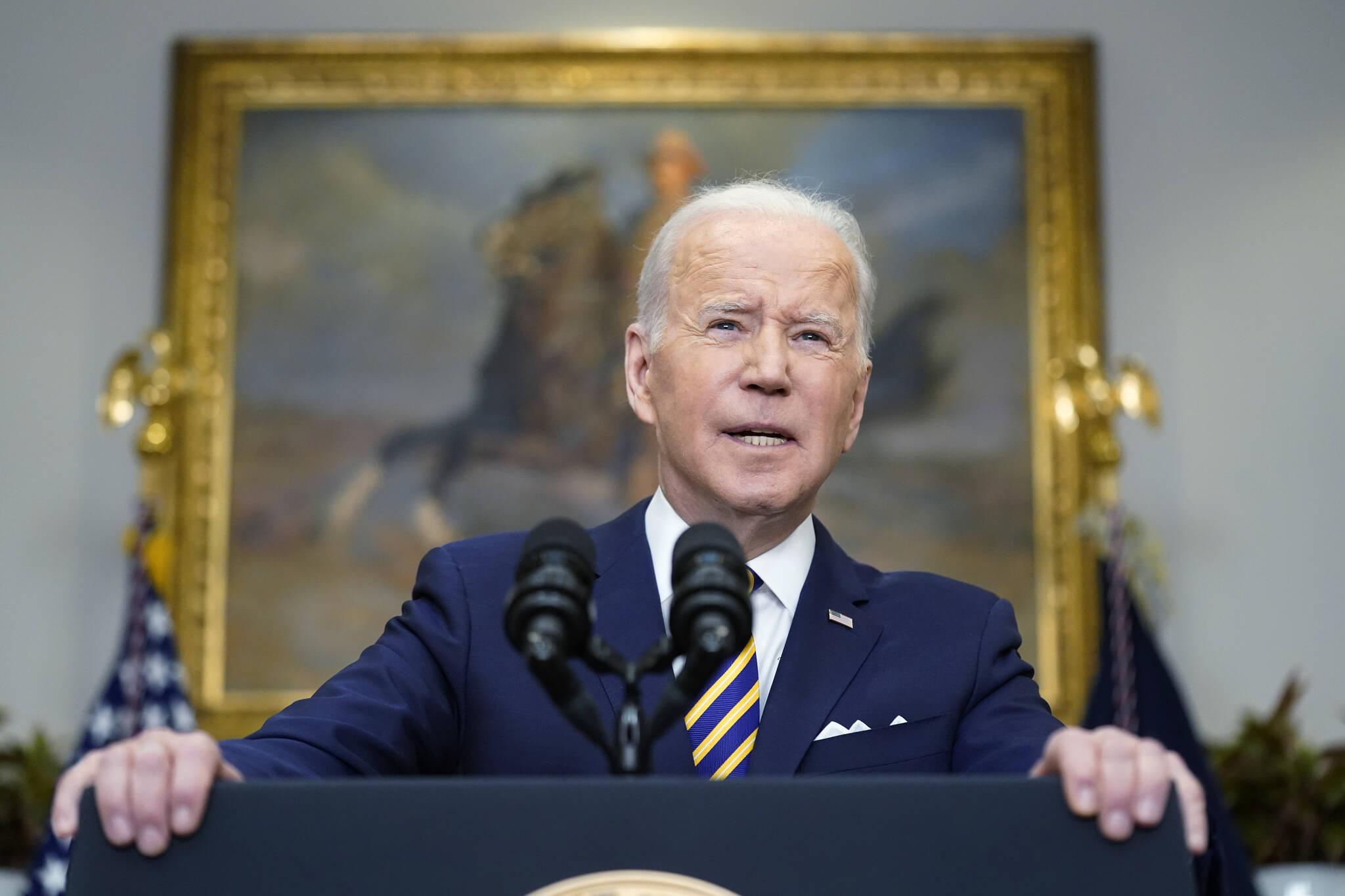 President Joe Biden announces a ban on Russian oil imports, toughening the toll on Russia’s economy in retaliation for its invasion of Ukraine, Tuesday, March 8, 2022, in the Roosevelt Room at the White House in Washington. (AP Photo / Andrew Harnik)