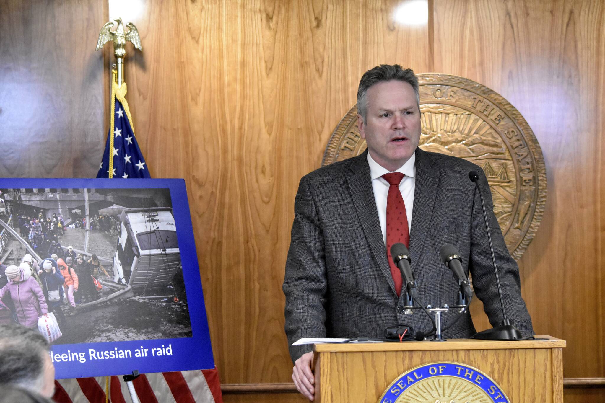 At a news conference at the Alaska State Capitol on Tuesday, March 8, 2022, Gov. Mike Dunleavy outlined his plan to have the state divest its assets from Russia. The disruption in the global market could be beneficial to Alaska, the governor said, if it is able to develop its resources. (Peter Segall / Juneau Empire)