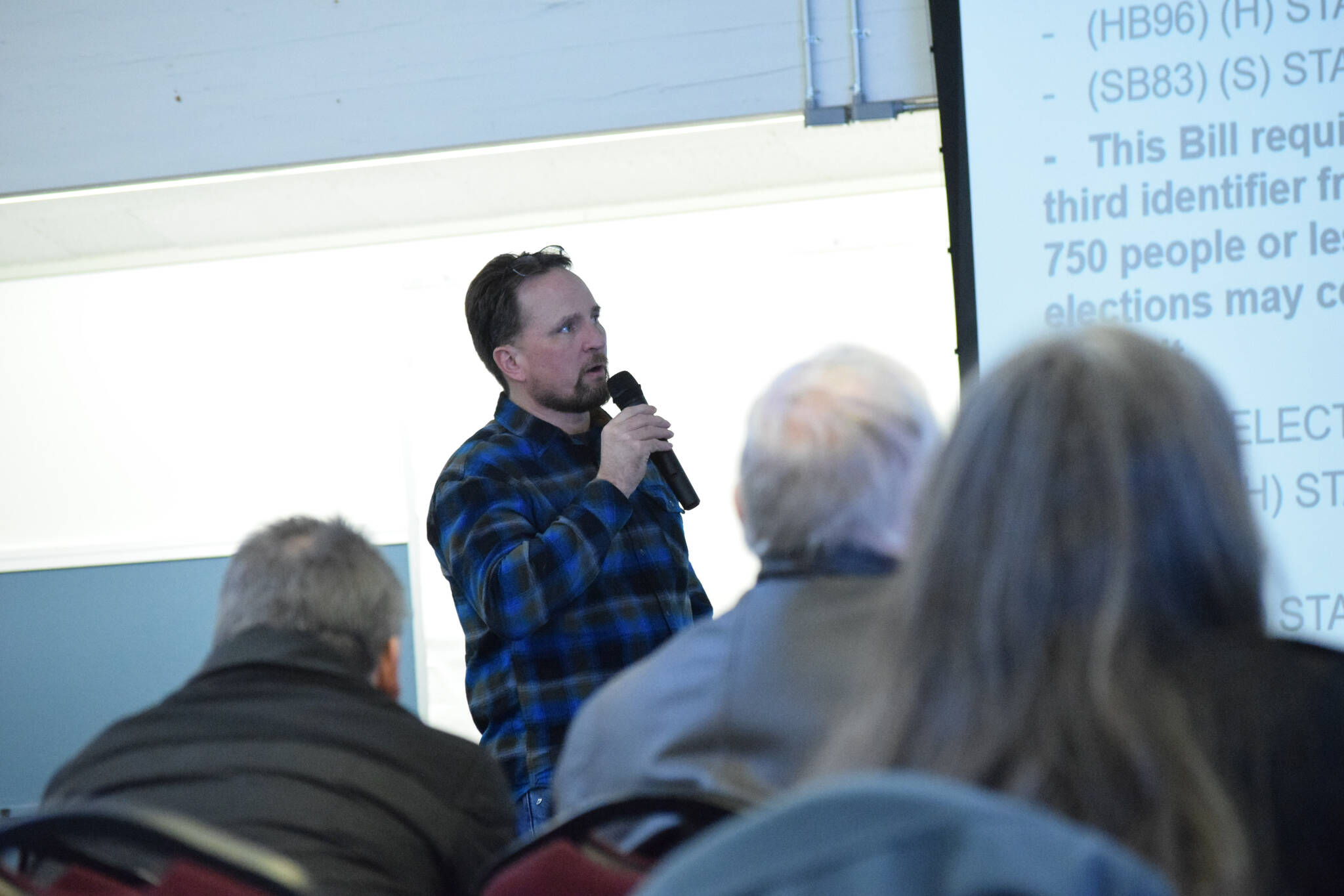 House Rep. Ben Carpenter speaks at a town hal meeting in Nikiski on Saturday, March 5, 2022. (Camille Botello / Peninsula Clarion)