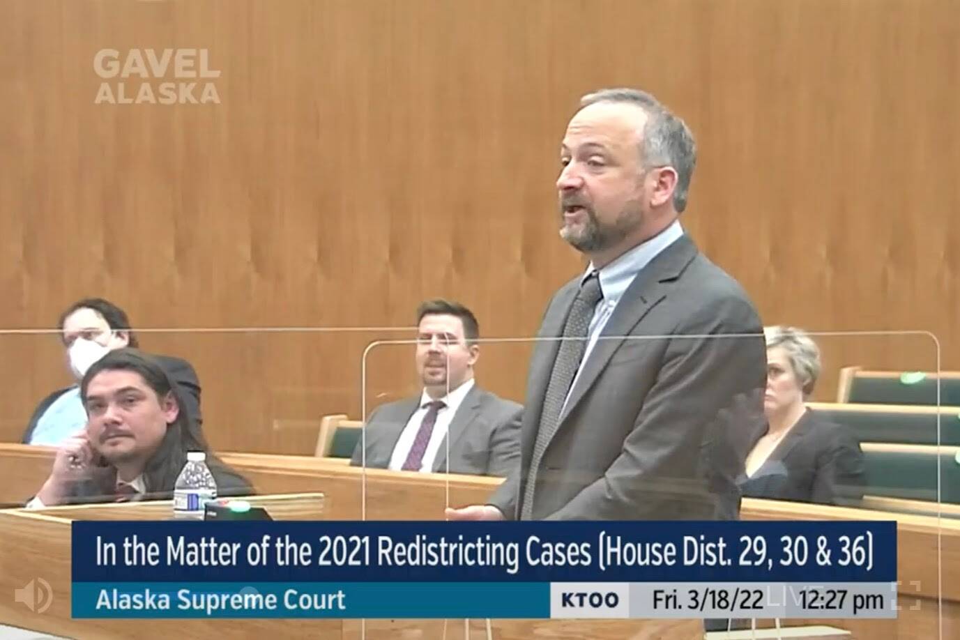 Attorney for the State of Alaska Matthew Singer defends the Alaska Redistricting Board to the Alaska Supreme Court on Friday, March 18, 2022. The Court will return a decision on the state’s new electoral districts by April 1. (Screenshot)