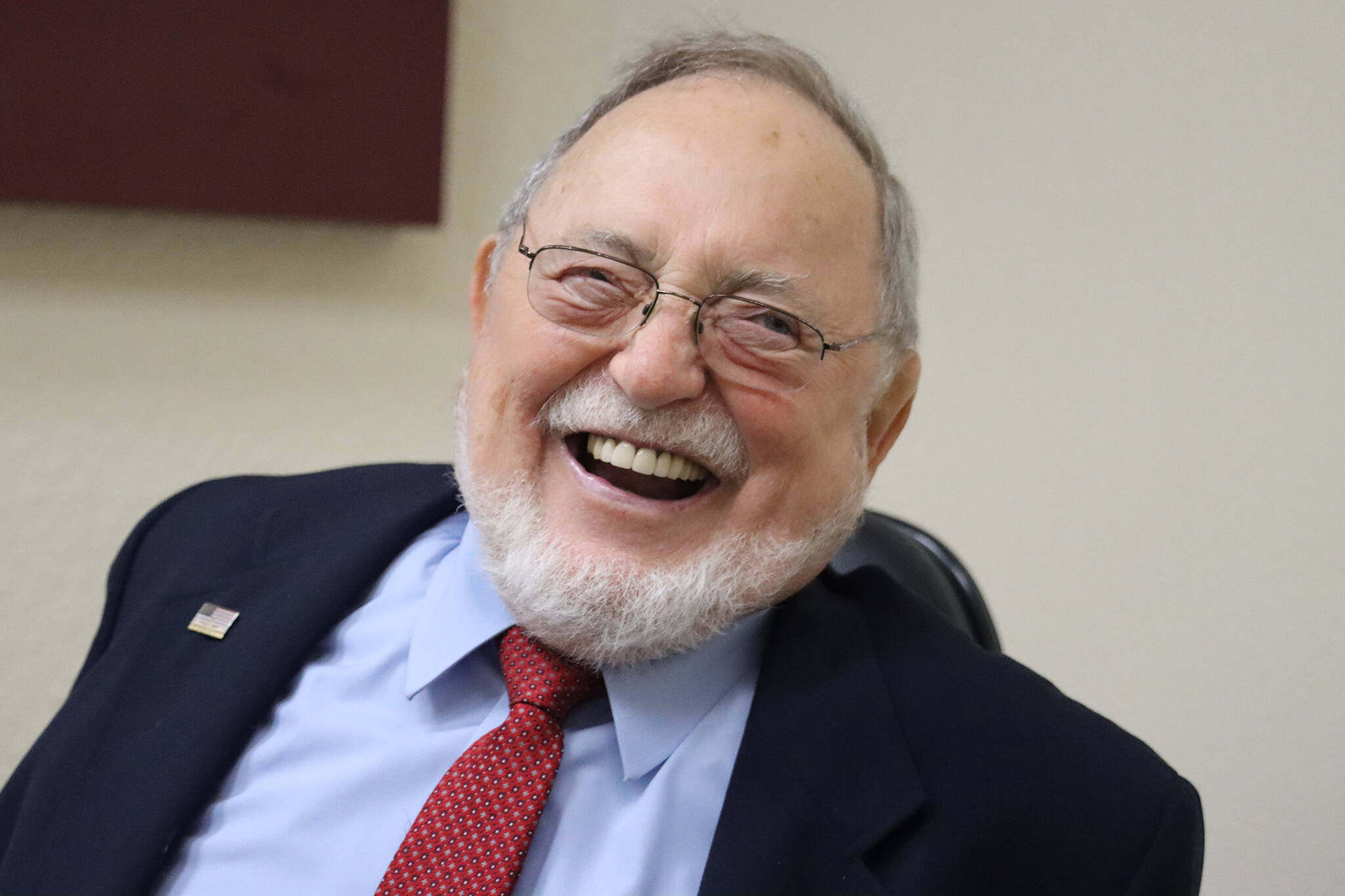 Rep. Don Young smiles during a sit-down in the Juneau Empire's offices last June. Young died on Friday, according to the longtime U.S. representative's office. (Ben Hohenstatt / Juneau Empire File)