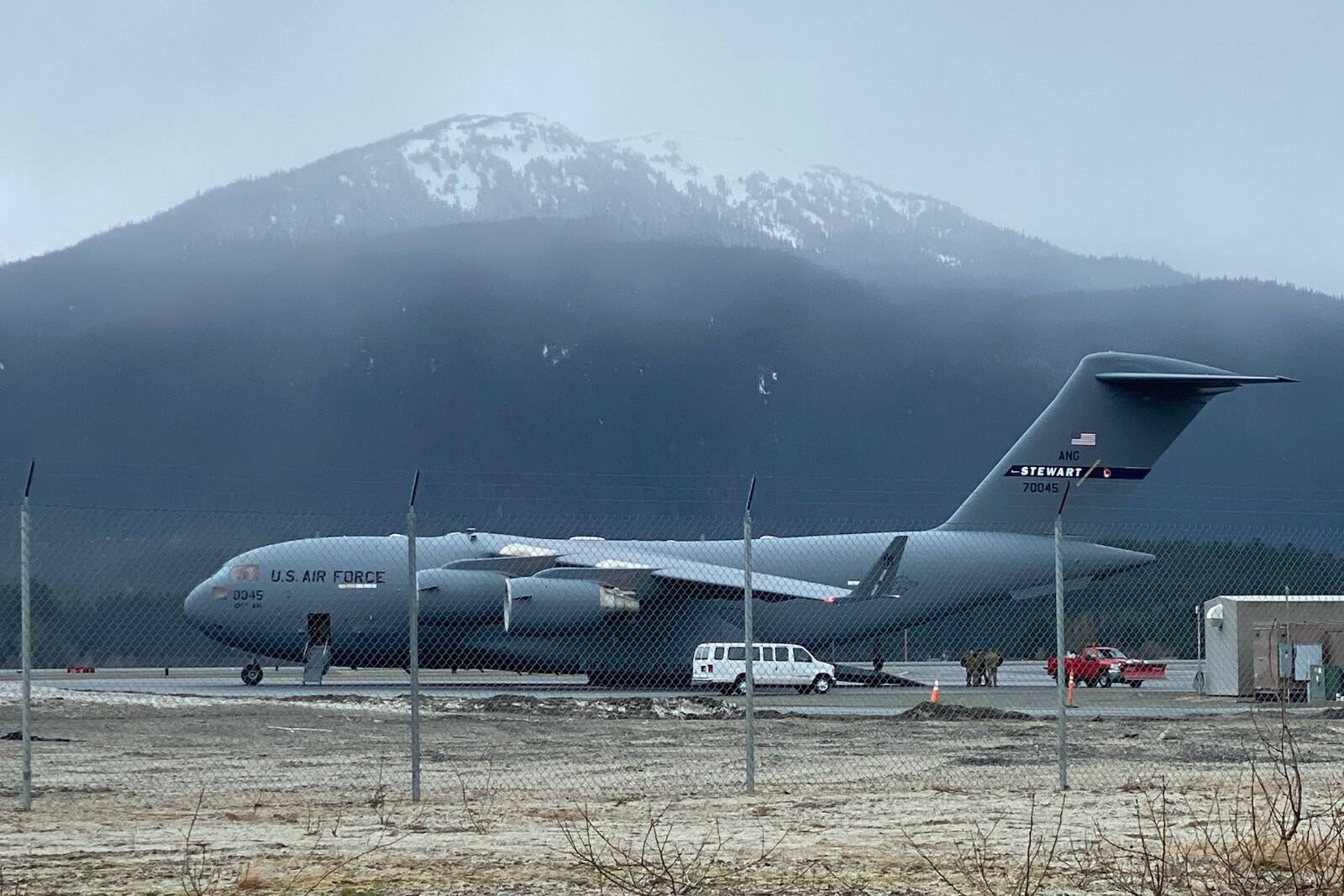 This Friday, March 18 photo shows an Air Force C-17 at Juneau International Airport as it ferried gear to Juneau for a hazardous materials exercise with the city and other organizations. (David Rigas / Juneau Empire)