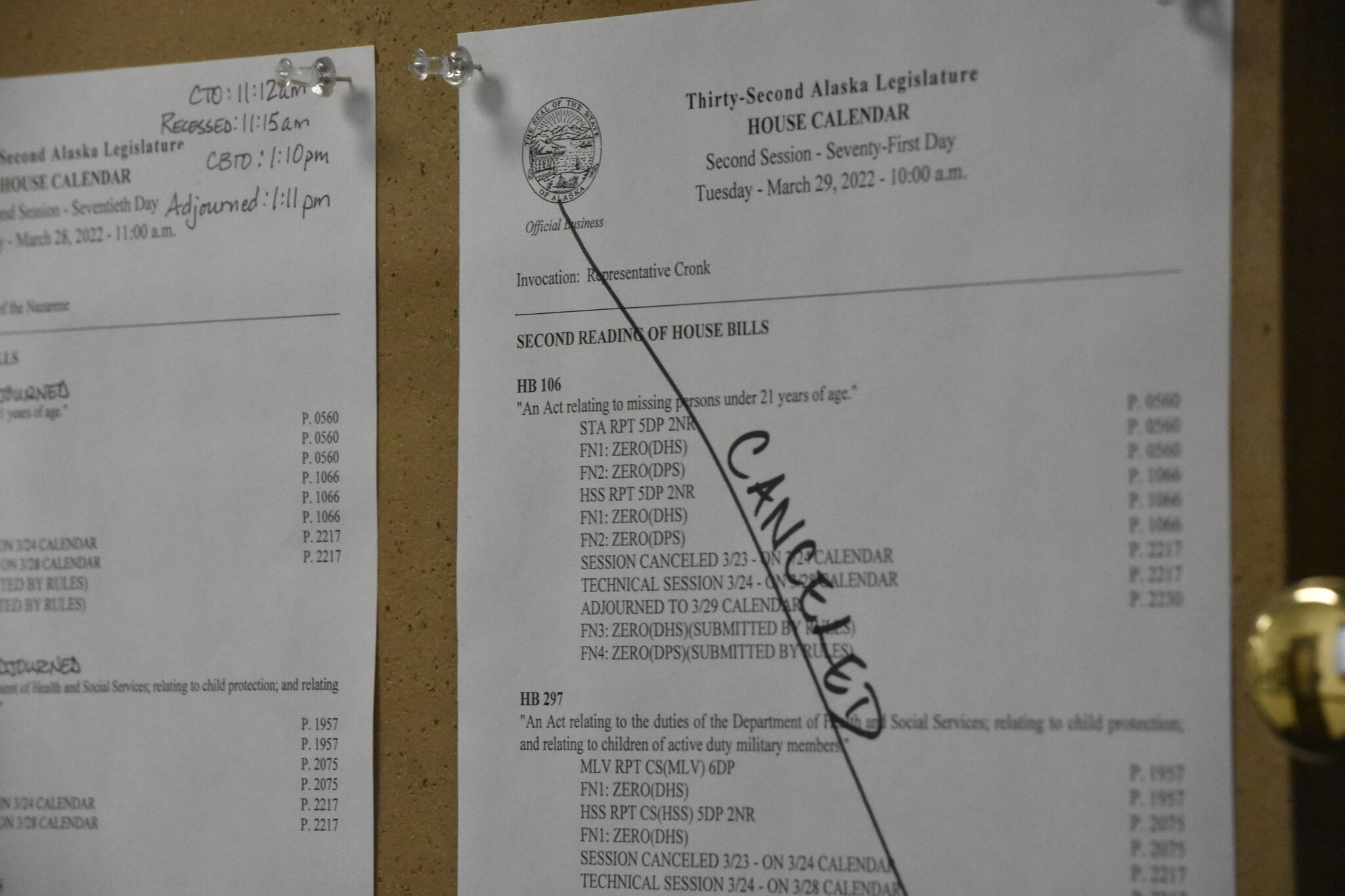 A notice board at the Alaska State Capitol on Tuesday, March 29, 2022, shows the cancellation of the House of Representatives floor session for that morning. For the second day running the House has canceled floor sessions over disagreements between caucuses over masking rules amid an outbreak of COVID-19 among some lawmakers and their staff. (Peter Segall / Juneau Empire)