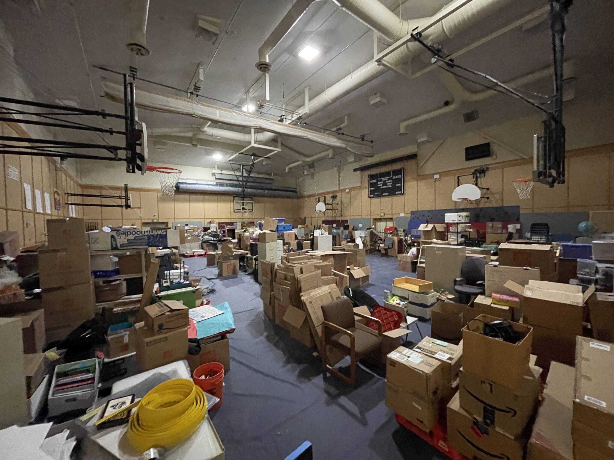 Michael S. Lockett / Juneau Empire 
Riverbend Elementary School’s gym is currently serving as a storage area as the school prepares for major repairs from flooding and separately, to the school’s roof.