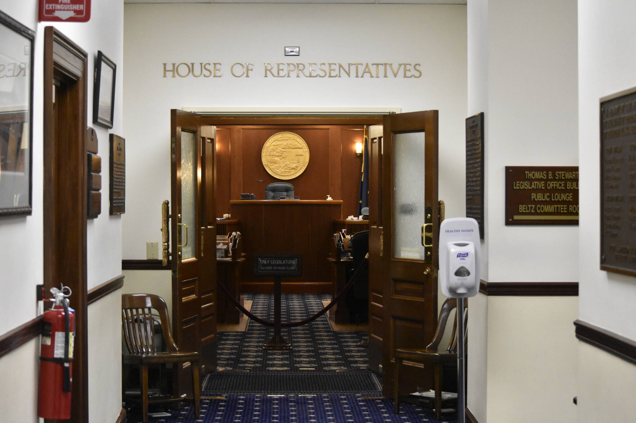 The chamber of the Alaska House of Represenatives was empty on Wednesday, March 30, 2022, after floor sessions in the body were canceled as three Republican lawmakers refuse to comply with masking requirements reinstated amid an outbreak of COVID-19 among House members and their staff. (Peter Segall / Juneau Empire)