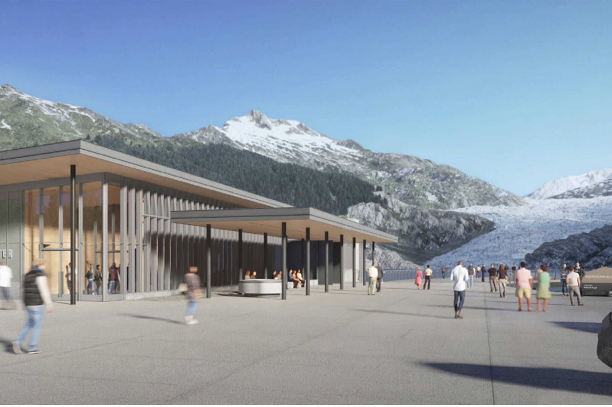 This conceptual rendering shows what a proposed welcome center near the the Mendenhall Glacier Visitor Center would look like. The center is part of a proposed overhaul for the popular recreation area. (U.S. Forest Service)