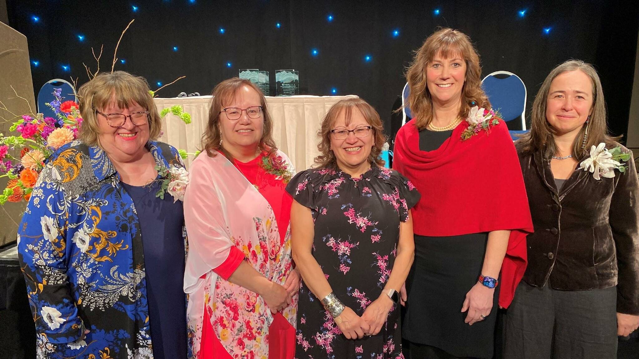 Courtesy Photo 
This photo shows AWARE’s 2022 Women of Distinction (left to right): Bunti Reed, Nancy Douglas, Kitty Eddy, Dr. Bridget Weiss and Mariya Lovishchuk.