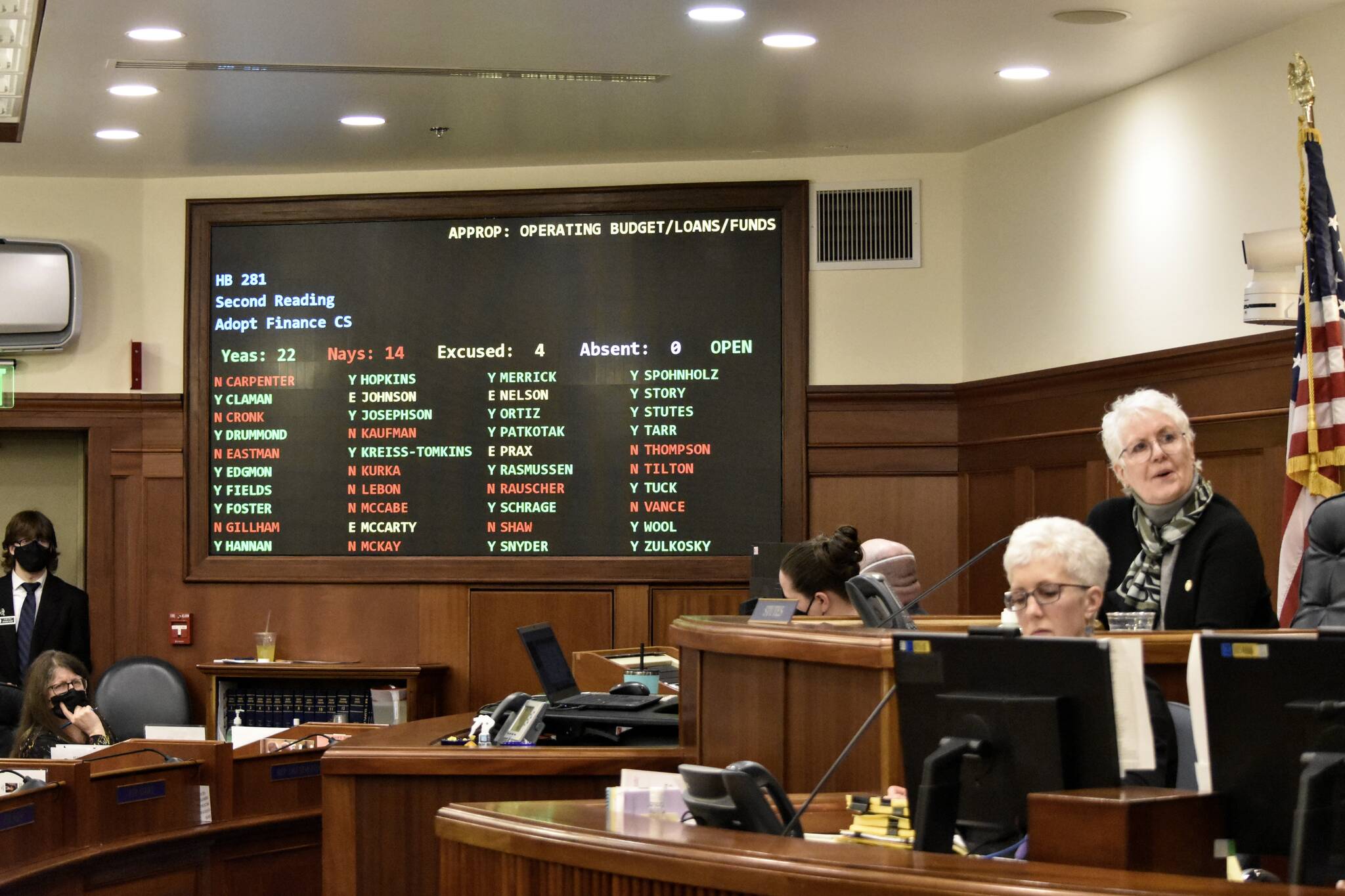 The Alaska House of Representatives voted to adopt a finance committee substitute of the state’s operating budget bill on Monday, April 4, 2022, allowing for amendments to be submitted. An outbreak of COVID-19 among lawmakers and their staff couples with debate over masking policy led to canceled sessions last week. (Peter Segall / Juneau Empire)