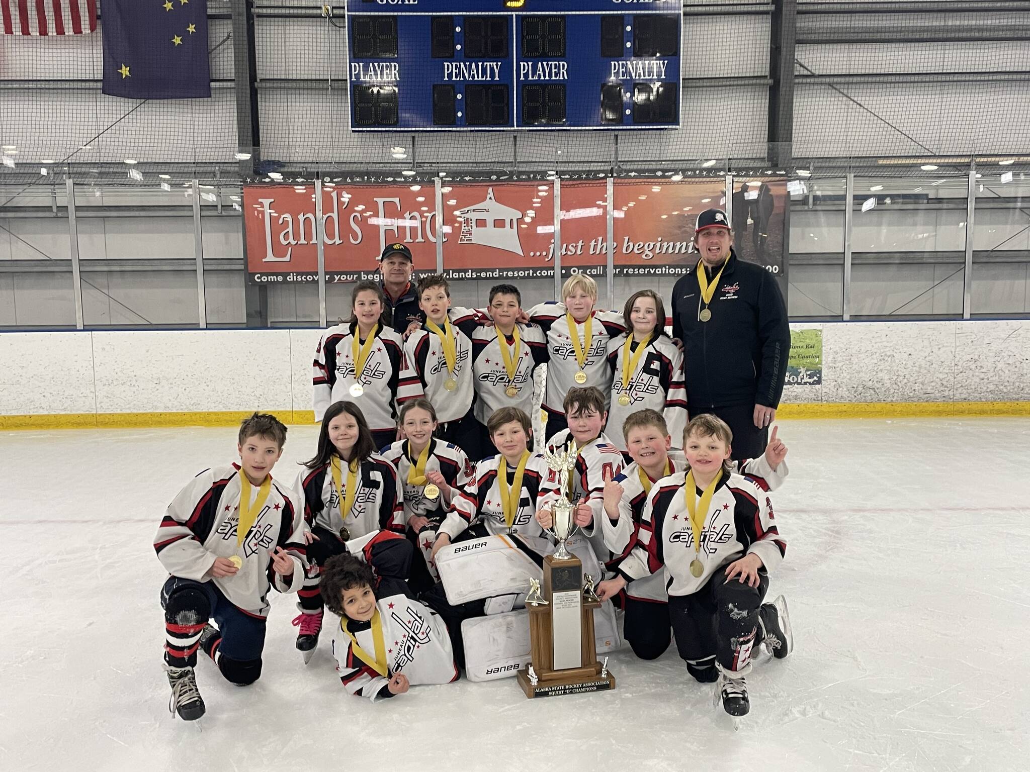 The Juneau Douglas Ice Association 10-and-under hockey team on recently won the 10U Alaska State Hockey Association Division B Championship at Homer’s Kevin Bell Arena. (Courtesy Photo / Steve Quinn)