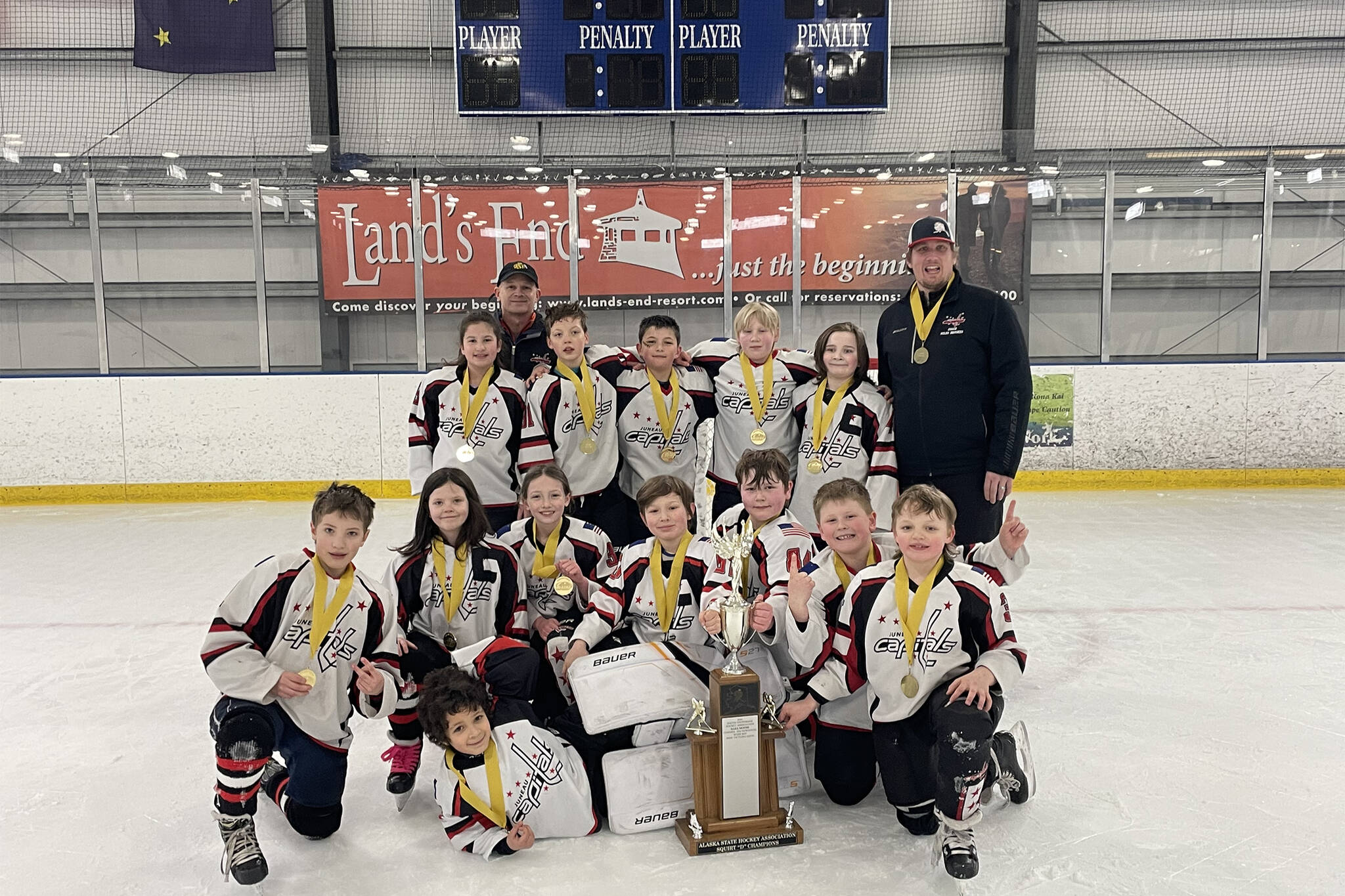 The Juneau Douglas Ice Association 10-and-under hockey team on recently won the 10U Alaska State Hockey Association Division B Championship at Homer’s Kevin Bell Arena. (Courtesy Photo / Steve Quinn)