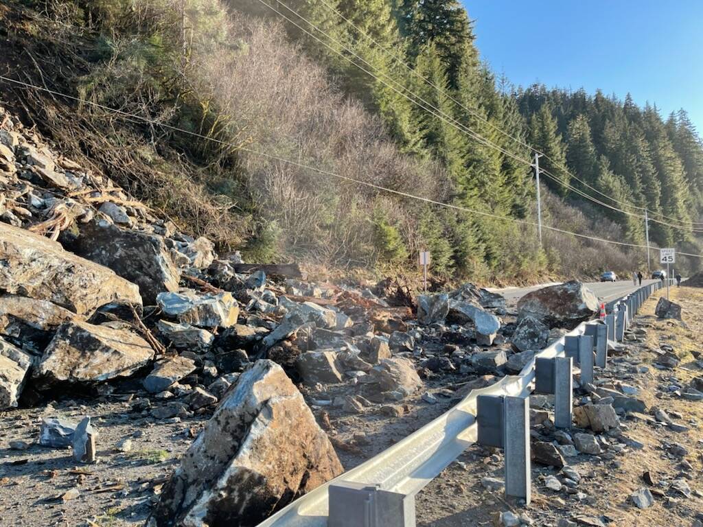 Car-sized rocks were among the debris from an April 10 slide that cut the Douglas Highway off. Department of Transportation and Public Facilities geologists are still monitoring the site. (Courtesy photo / DOT&PF)