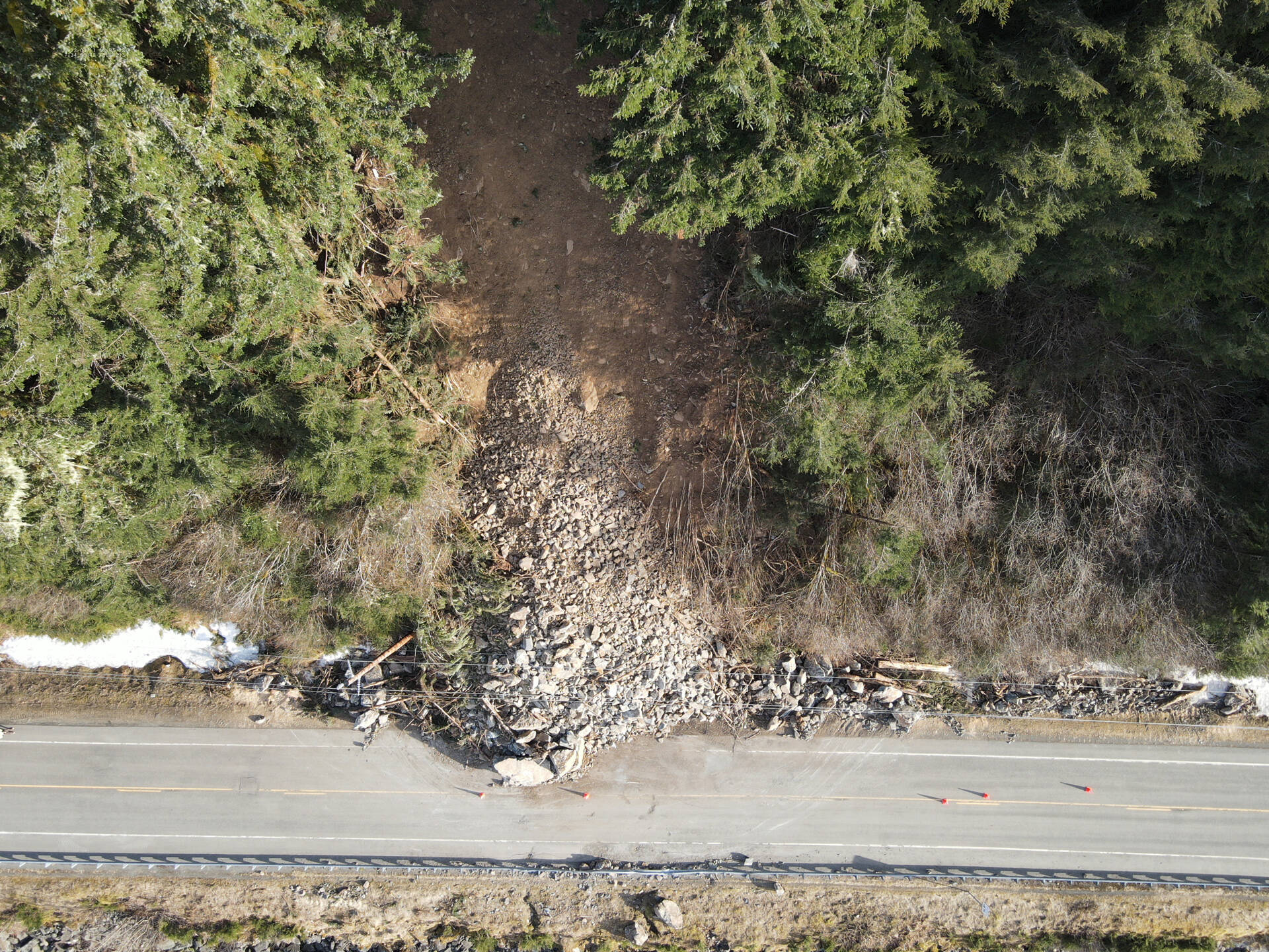 A pair of rockslide on Douglas Highway cut traffic while Department of Transportation and Public Facilities personnel cleared debris. DOT&PF geologists are still monitoring the site. (Courtesy photo / DOT&PF)