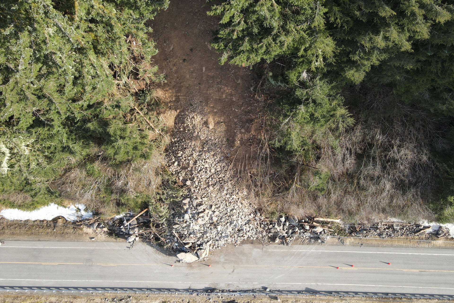A pair of rockslide on Douglas Highway cut traffic while Department of Transportation and Public Facilities personnel cleared debris. DOT&PF geologists are still monitoring the site. (Courtesy photo / DOT&PF)