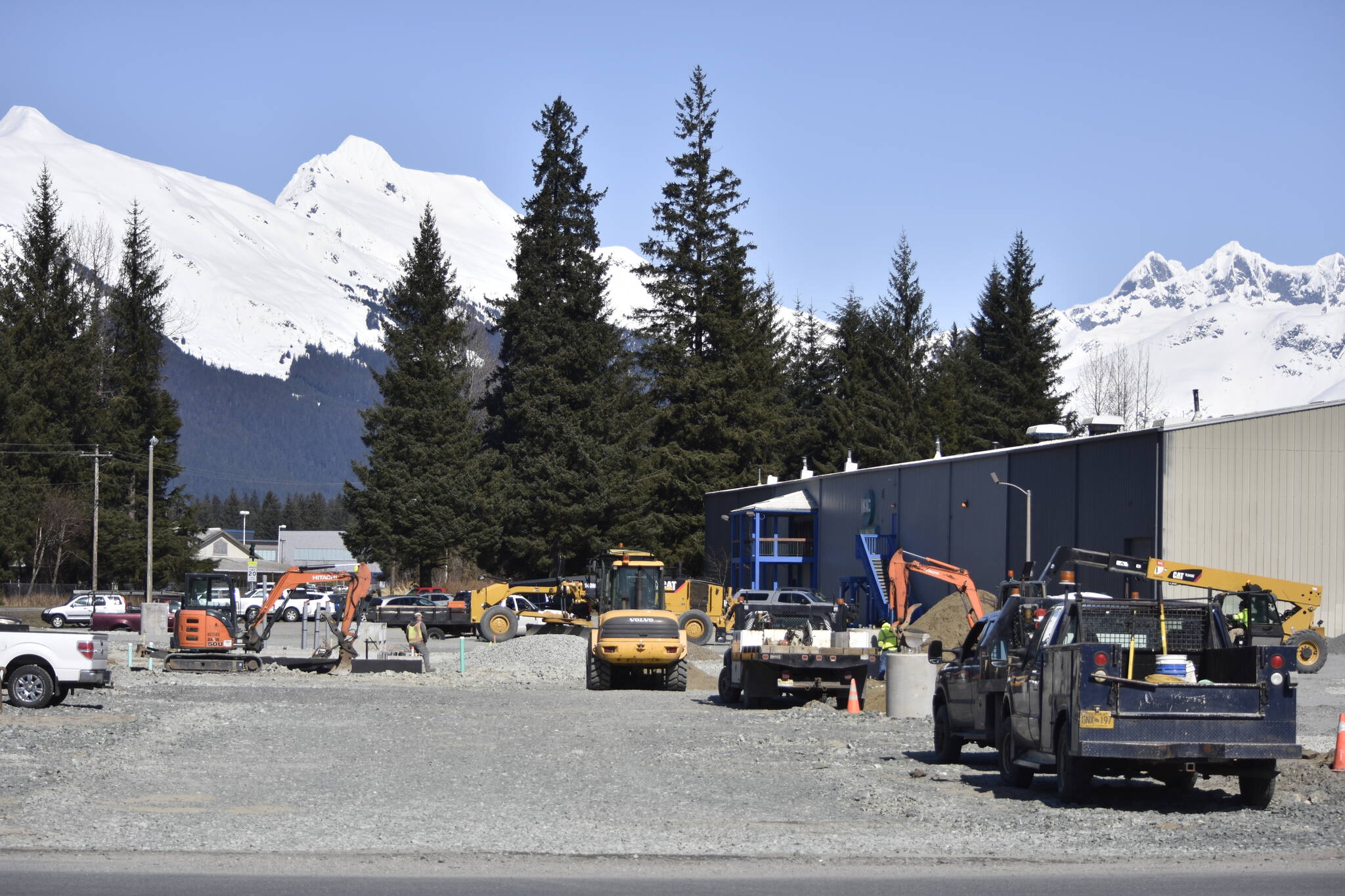 Construction on Capital Transit's new Mendenhall Valley Transit Center was underway on Thursday, April 14, 2022, on Mendenhall Mall Road. Officials hope the center to be open in July and are seeking public feedback about the scheduling of bus routes from the new center. (Peter Segall / Juneau Empire)