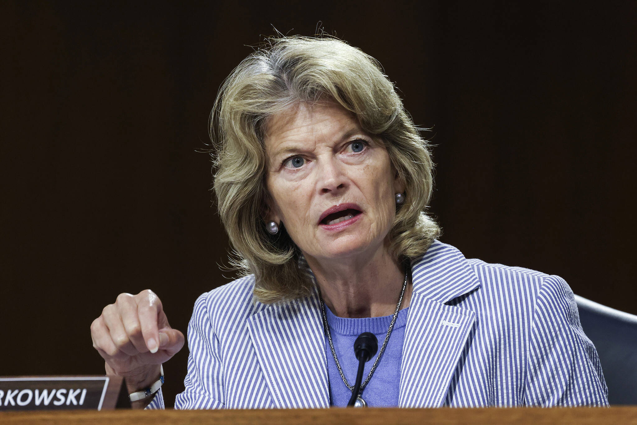 Sen. Lisa Murkowski, R-Alaska, speaks during a hearing on Capitol Hill in Washington, on June 17, 2021. Murkowski continues to have a substantial cash advantage over her opponent backed by former President Donald Trump, who has vowed revenge on the incumbent Alaska Republican. Murkowski brought in more than $1.5 million in the three-month period ending March 31, 2022, according to Federal Election Commission filings. The quarterly reports were due Friday, April 15. Murkowski ended the quarter with $5.2 million cash on hand with no debt. (Evelyn Hockstein / Pool Photo)