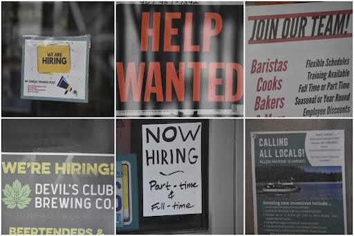 This combination photo shows hiring signs in the windows of businesses in downtown Juneau on Monday, April 18, 2022. Over a million passengers are expected to arrive aboard large cruise ships this summer, and local business say its been a challenge finding enough workers. (Peter Segall / Juneau Empire)