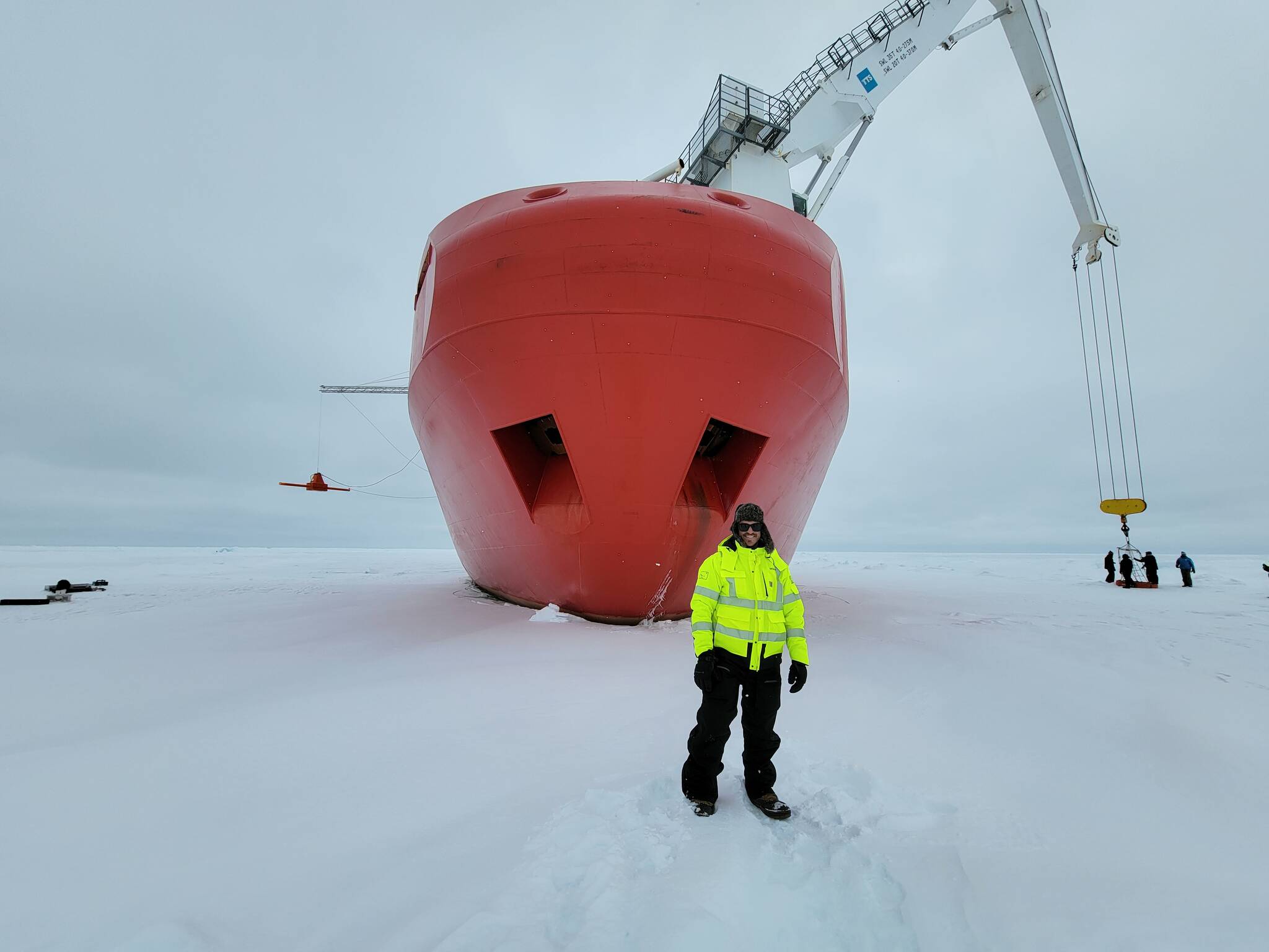 Michael Patz, raised in Juneau and part of the expedition to find the wreck of Ernest Shackleton’s vessel, the Endurance, stands in front of the bow of the S.A. Agulhas II, the expedition’s icebreaker. (Courtesy photo / Michael Patz)