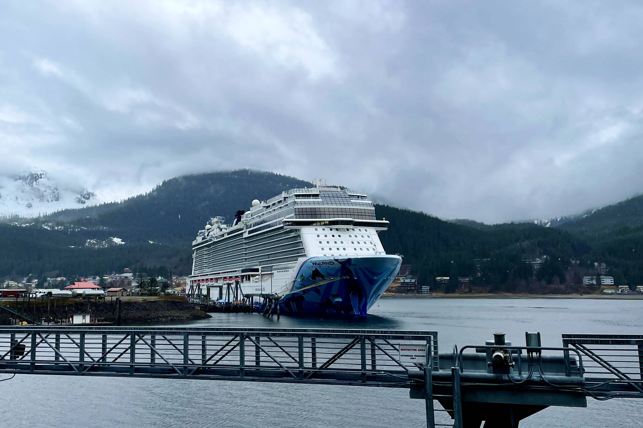 The Norwegian Bliss arrives in Juneau on April 25, 2022, the first cruise of the 2022 season. (Michael S. Lockett / Juneau Empire)