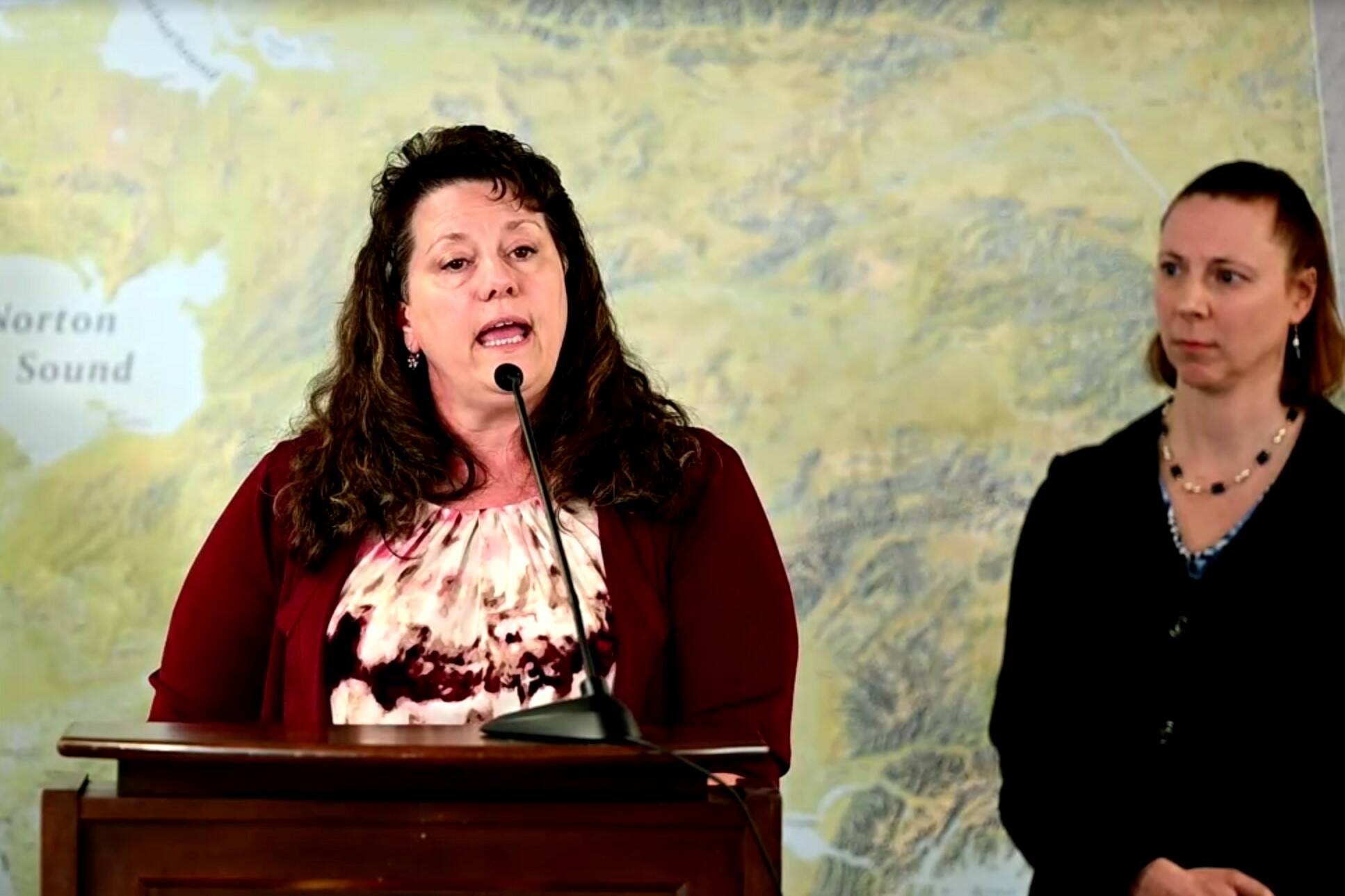 Screenshot 
Alaska Department of Natural Resources Commissioner Corri Feigi, right, and Deputy Attorney General Cori Mills, announced alongside Gov. Mike Dunleavy the state was issuing lawsuits against the federal government for its failure to convey submerged lands to the state. Feige said at the conference the state’s rule applied to navigable waterways including Mendenhall Lake and said motorized boats were allowed on the lake.