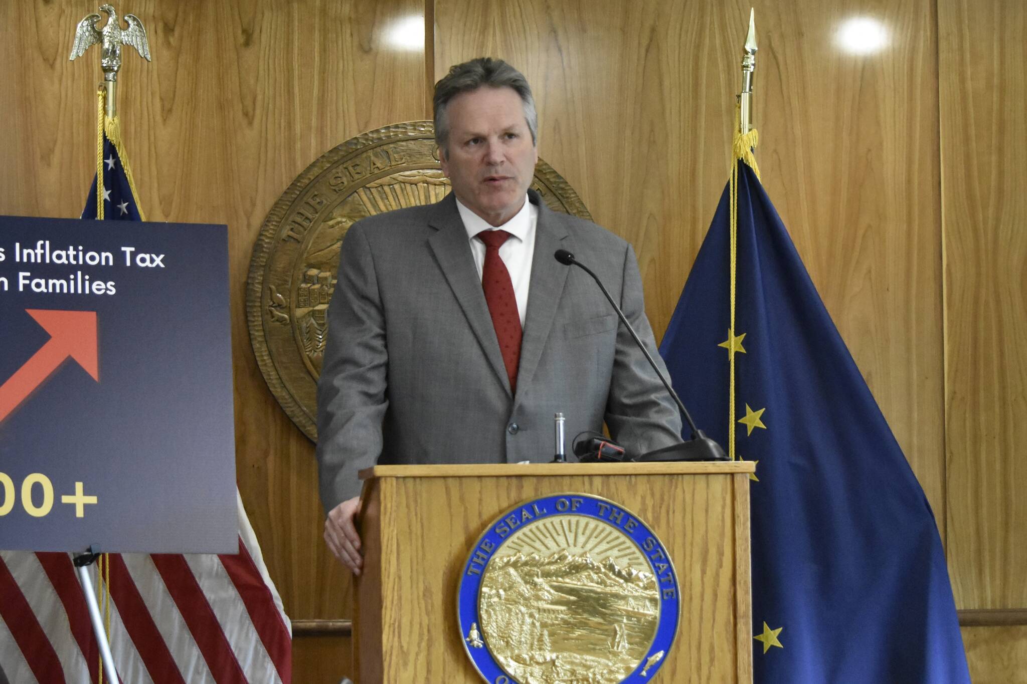 Peter Segall / Juneau Empire 
Gov. Mike Dunleavy speaks at a news conference at the Alaska State Capitol on Thursday, April 27, 2022, to call on lawmakers to pass a “substantial” Permanent Fund dividend.