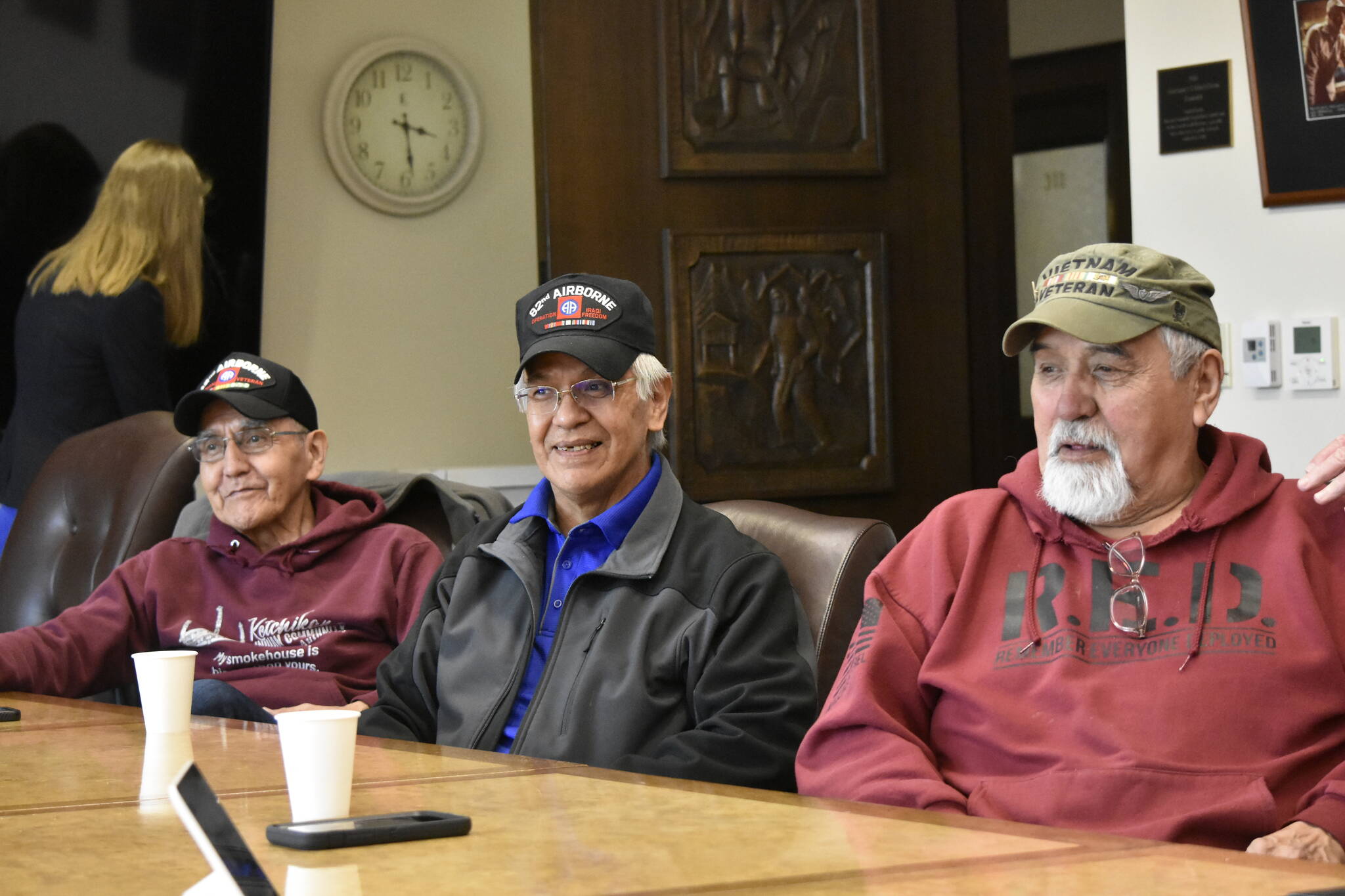 From left to right: Willard Jackson, Dennis Jack and Bill Thomas, Alaska Native veterans from Southeast Alaska met with lawmakers at the Alaska State Capitol on Friday, April 29, to discuss their issues getting land allotments from the federal government. Jackson and Thomas are veterans of the Vietnam War who are eligbile for land allotments, but no lands are available in Southeast Alaska, and veterans are frustrated by the lack of action. (Peter Segall / Juneau Empire)