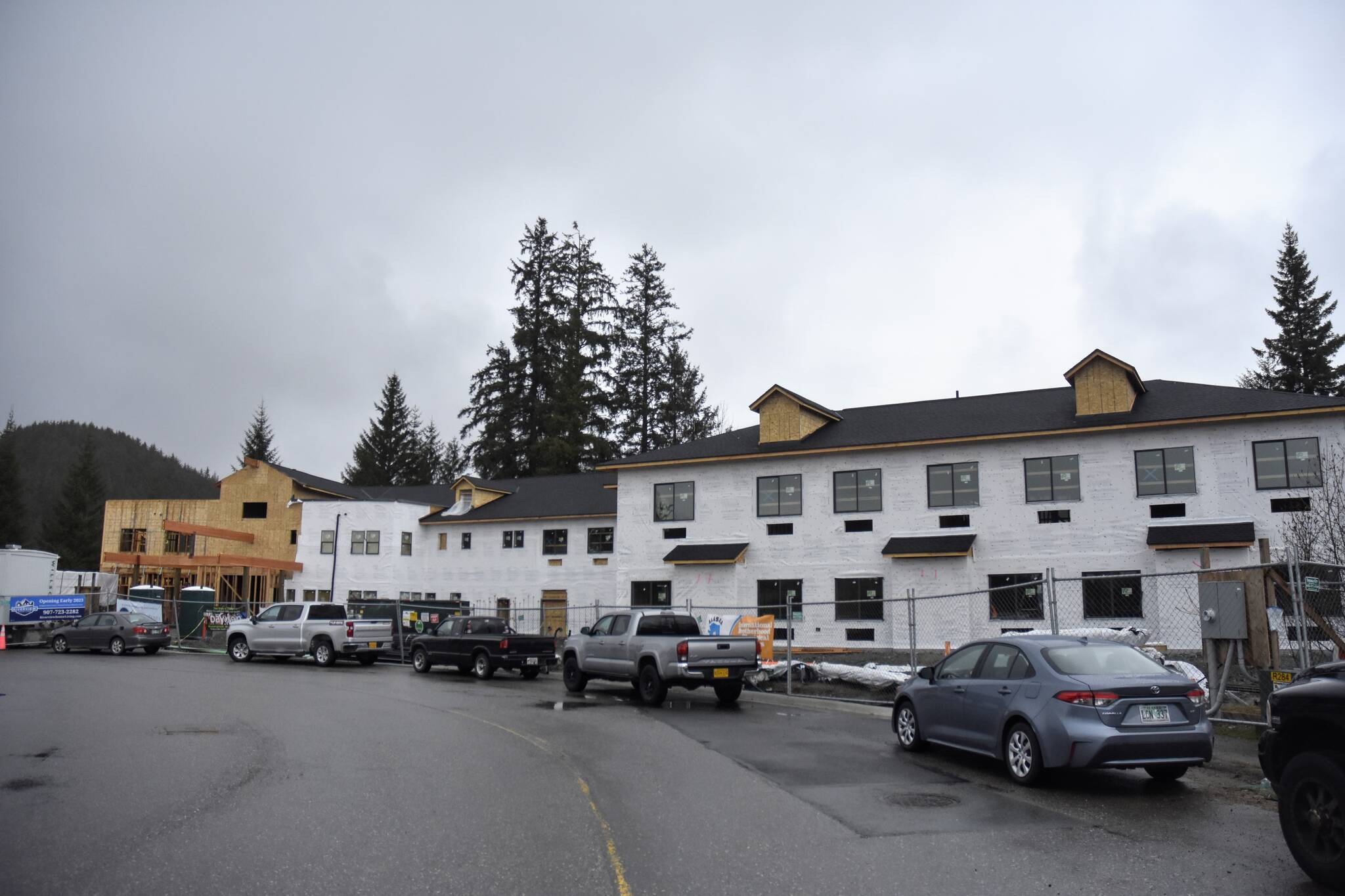 The Riverview Senior Living facility is under construction on Clinton Drive in the Mendenhall Valley on Monday, May 2, 2022. Senior living has been an issue for Juneau and the facility received financial support from the city. The projects promoters say they've already received a number of applications. (Peter Segall / Juneau Empire)