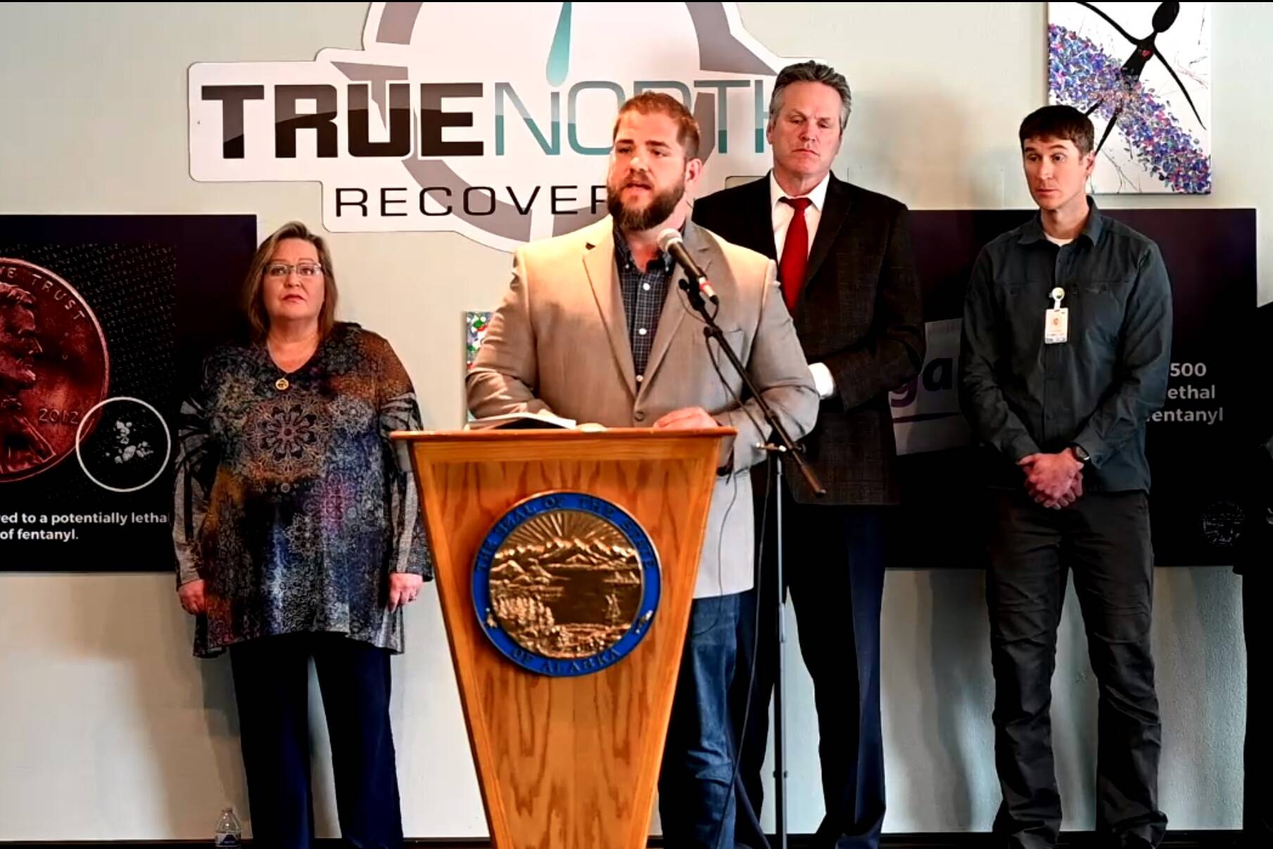 Screenshot 
Department of Health and Social Services Commissioner Adam Crum, speaks at a news conference with Gov. Mike Dunleavy about the state’s efforts to combat the increase in drug overdoses driven by the synthetic opioid fentanyl, on Tuesday, May 3, 2022.