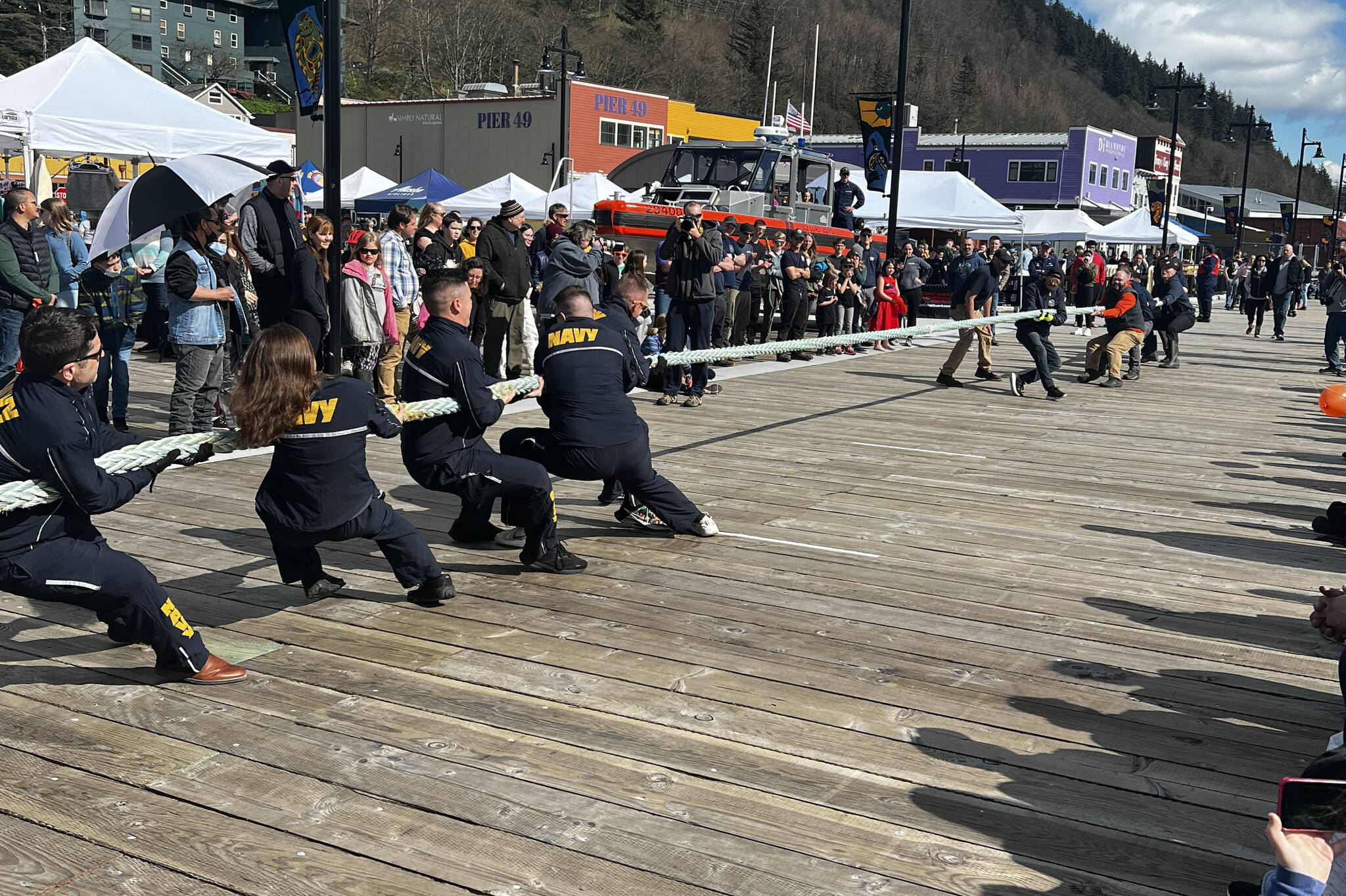 Sailors strives against Juneau Docks and Harbors personnel in a tug-of-war at the 12th Annual Maritime Festival on May 7, 2022. (Courtesy photo / Ryan O’Shaughnessy)