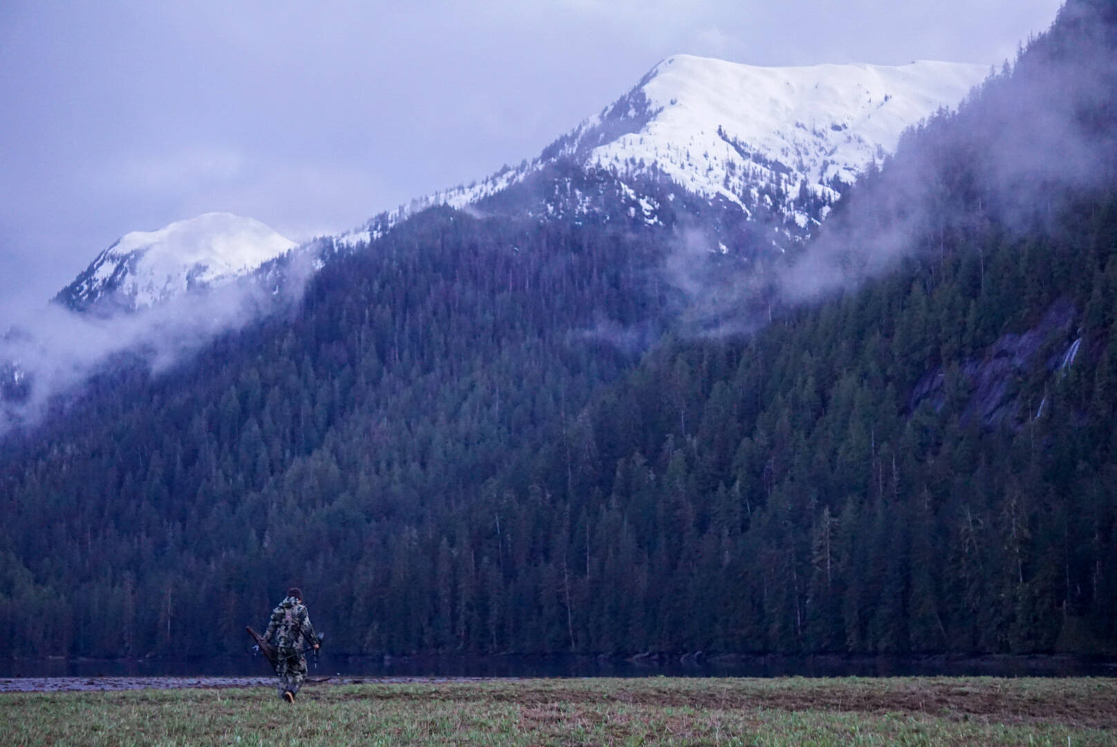 Ryan John makes his way to a glassing spot on a grass flat to look for black bears. (Jeff Lund / For the Juneau Empire)